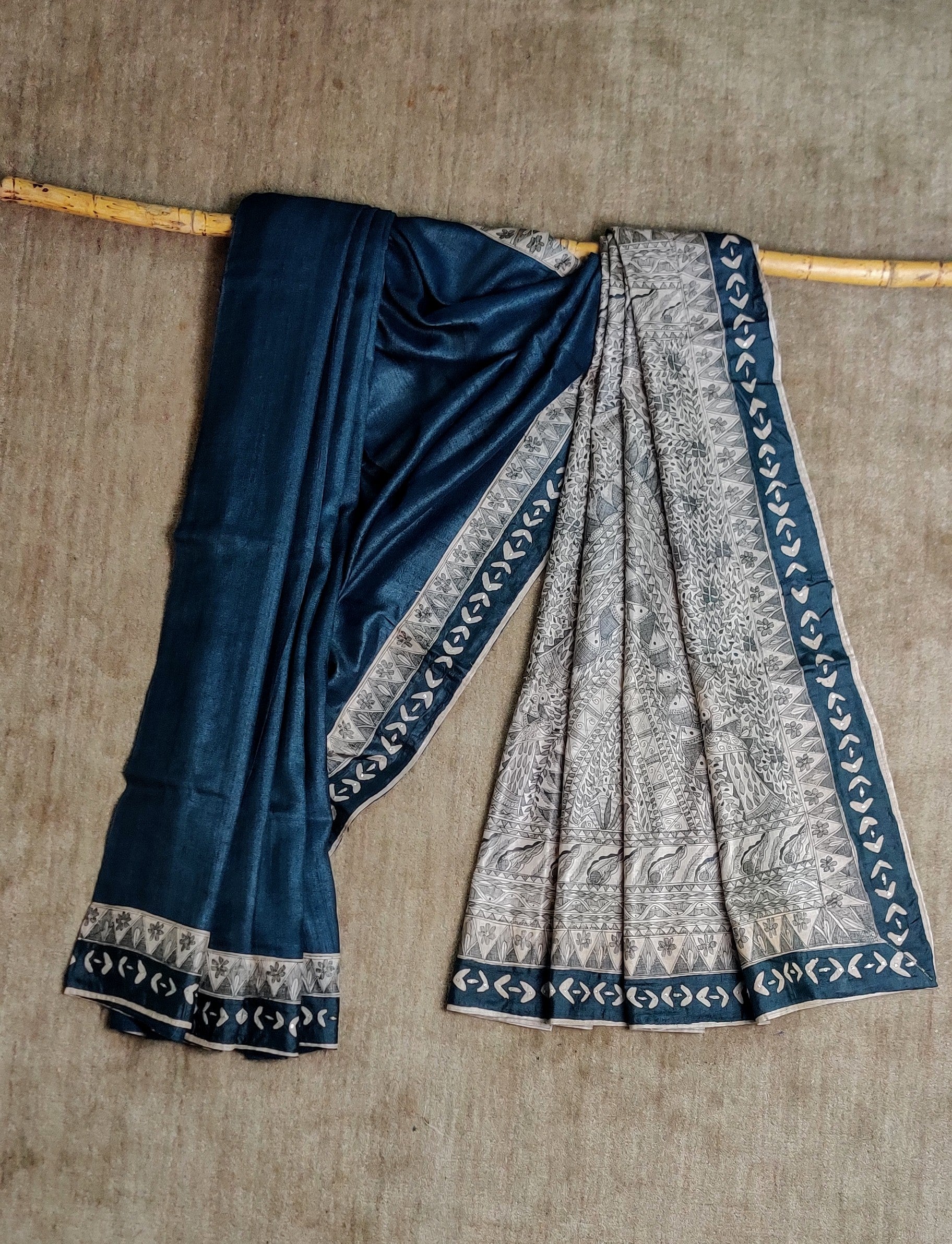 Black-Desi Wild silk Saree Embroidered in Khatwa Applique and Hand Painted in Madhubani-bihart