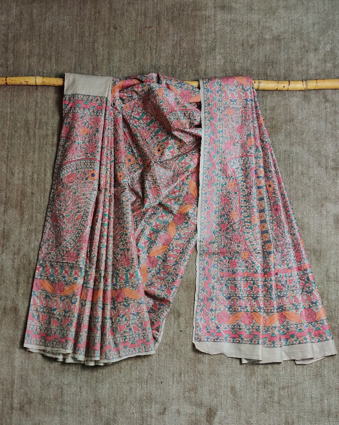 Pure Desi-Tussar Beige Saree Hand Painted in Colourful Traditional Madhubani-bihart