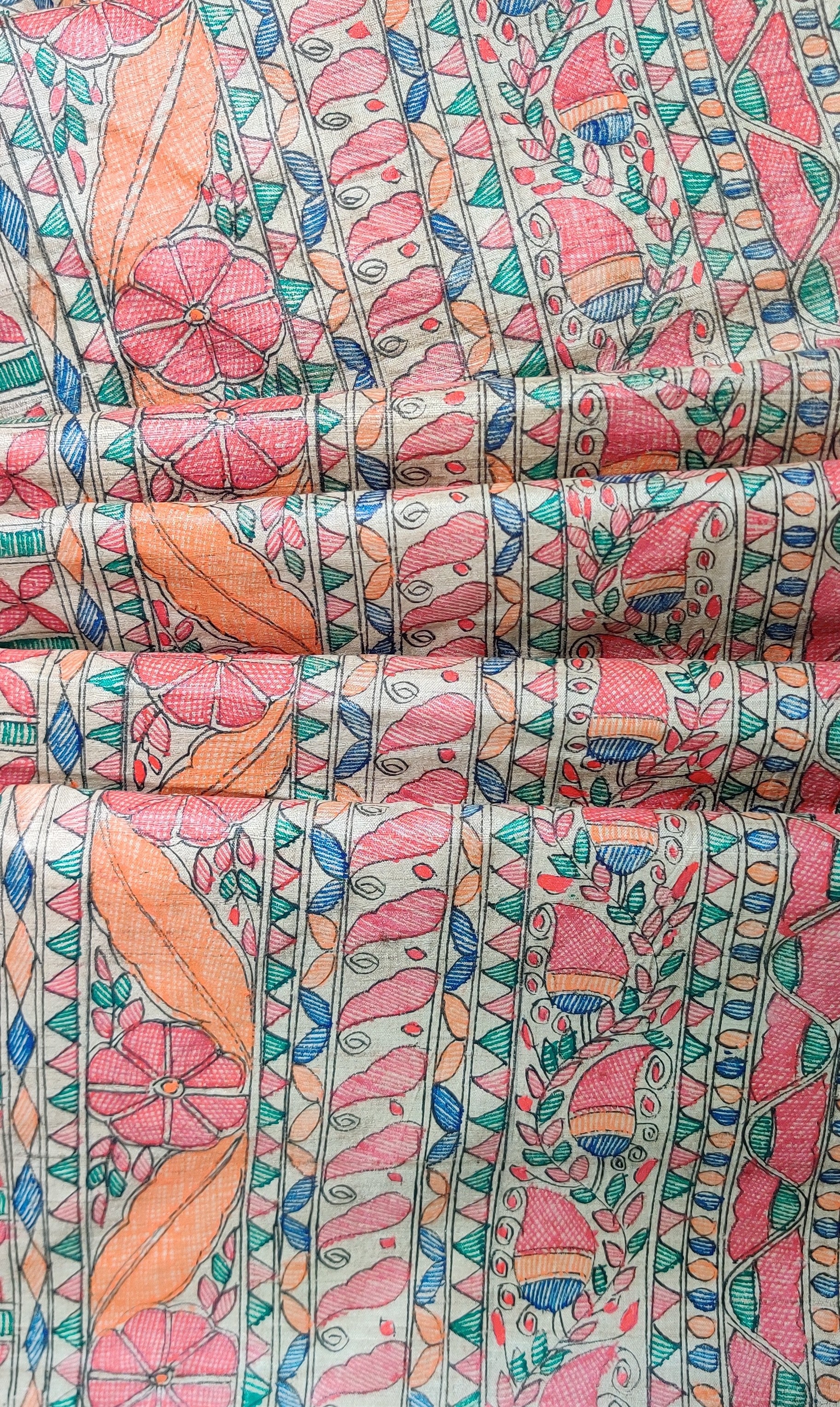 Full Jaal-Hand Painted Multicolour Madhubani Hand Painted Saree-bihart