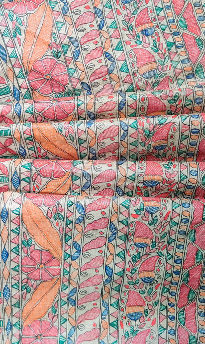 Pure Desi-Tussar Beige Saree Hand Painted in Colourful Traditional Madhubani-bihart