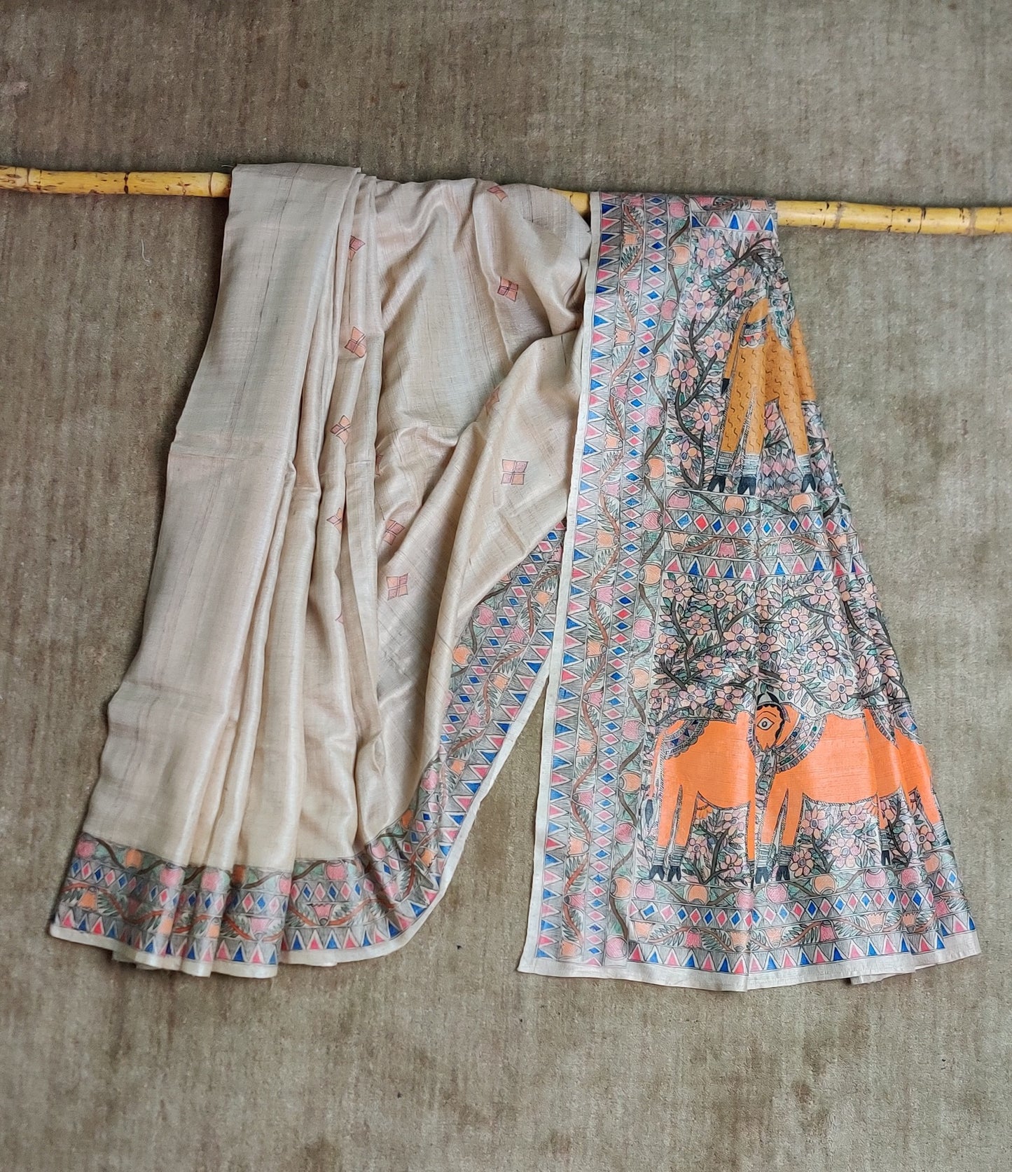 Handwoven-Wild Silk Hand Painted Madhubani Saree-bihart