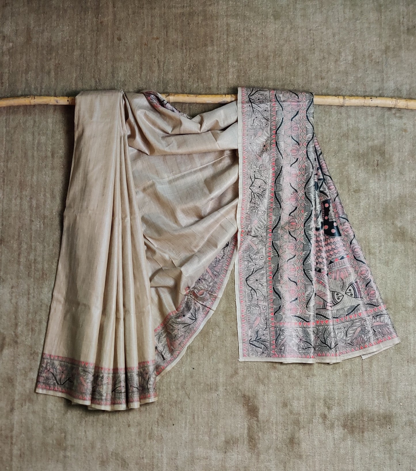 Pure Desi-Tussar Beige Saree Hand Painted in Traditional Madhubani-bihart