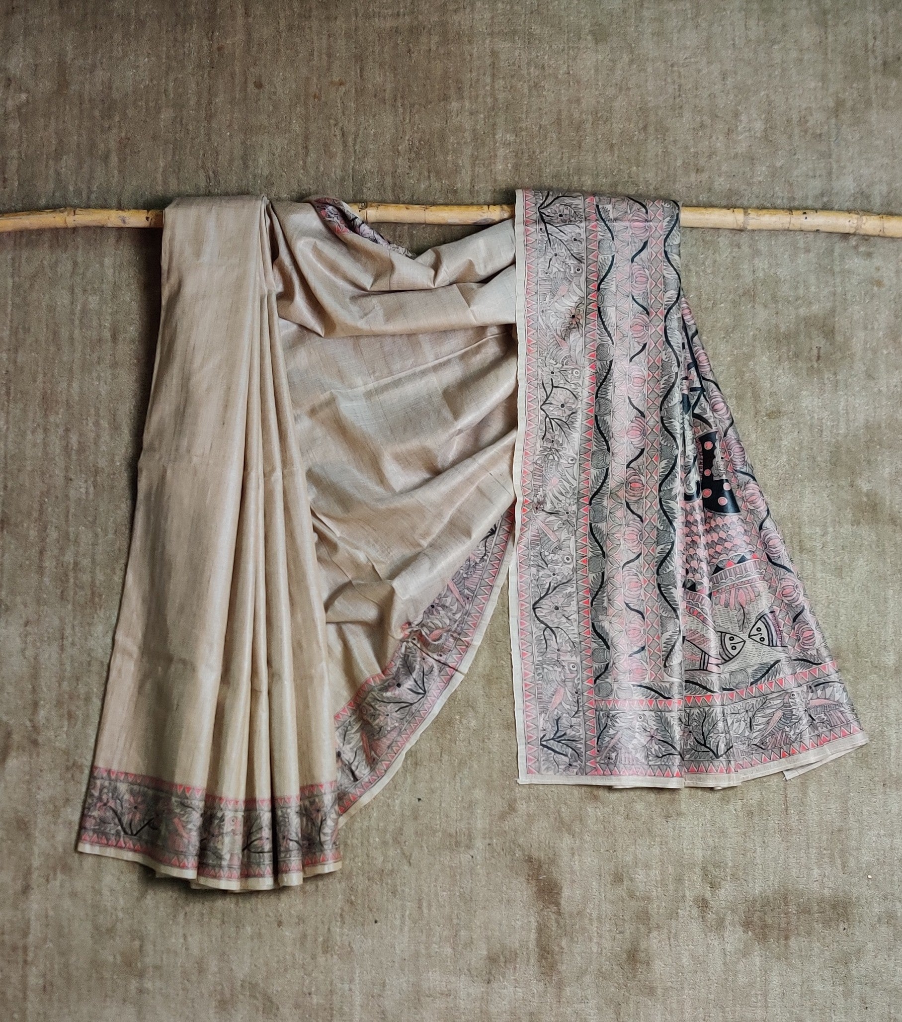 Pure Desi-Tussar Beige Saree Hand Painted in Traditional Madhubani-bihart