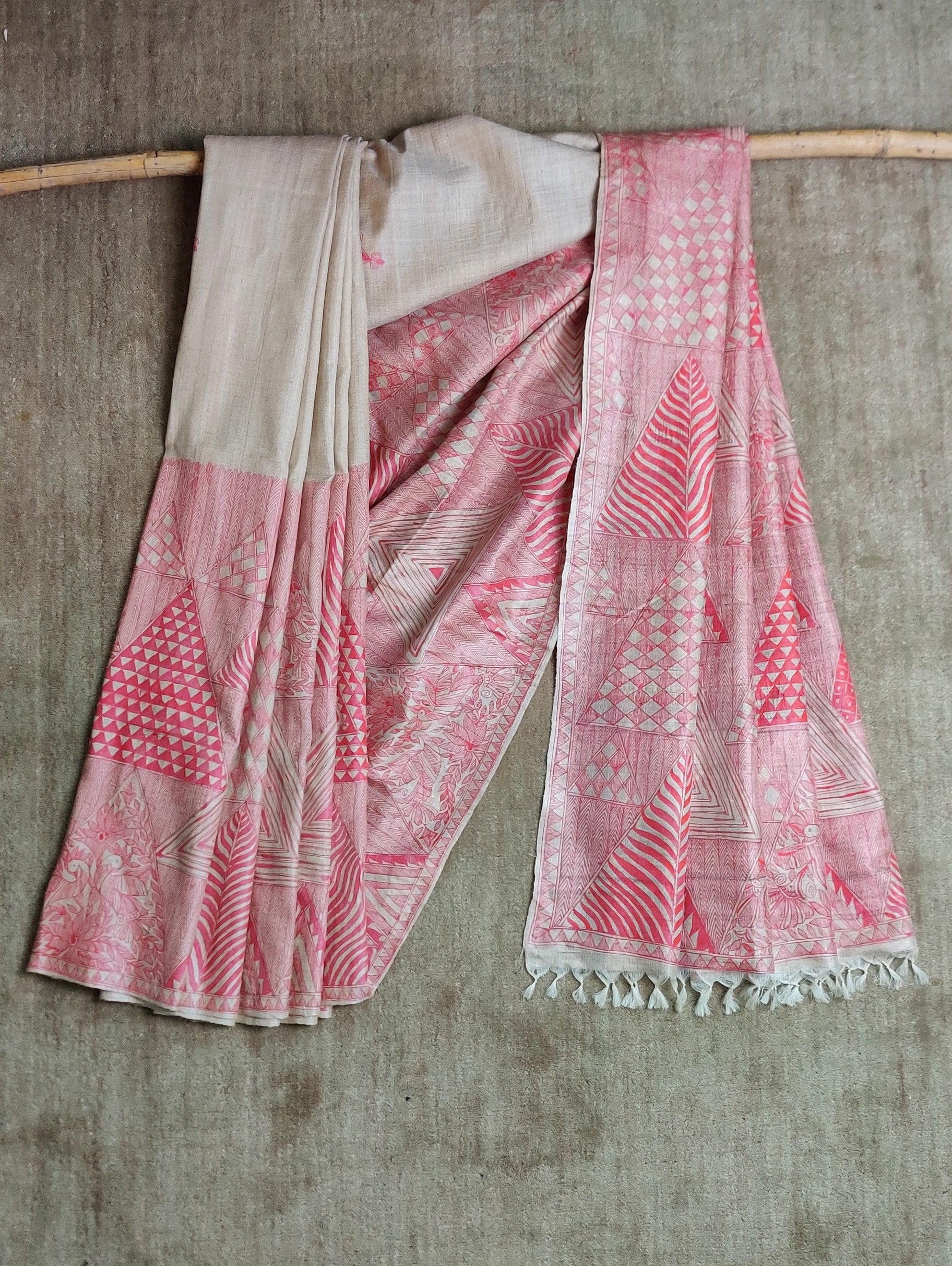 Handwoven-Wild silk Saree with Hand Painted Madhubani-bihart