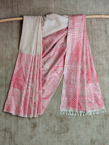 Handwoven-Wild silk Saree with Hand Painted Madhubani-bihart