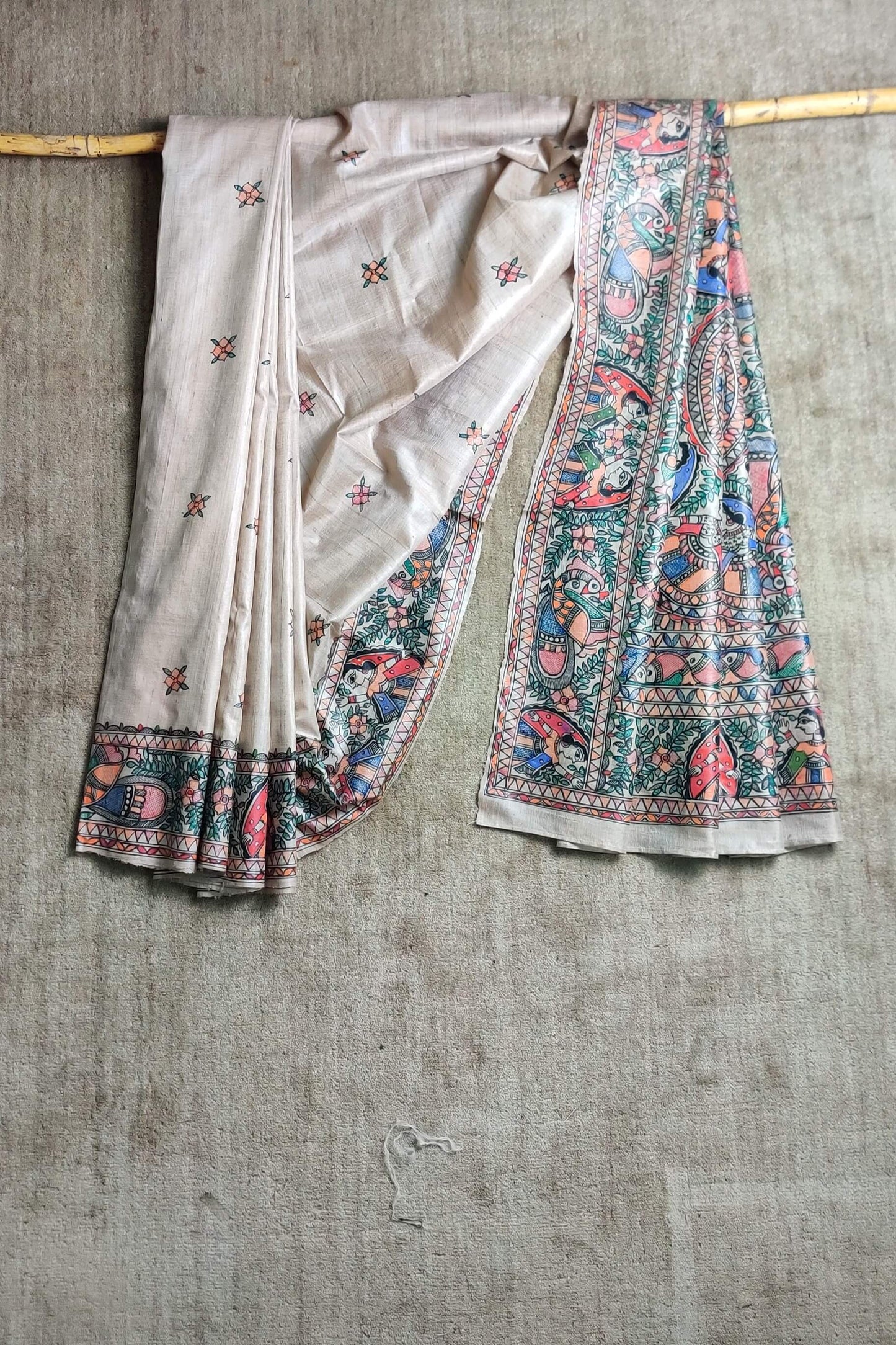 Handwoven-Wild silk Saree with Hand Painted Madhubani-bihart