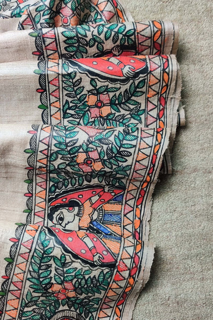 Handwoven-Wild silk Saree with Hand Painted Madhubani-bihart