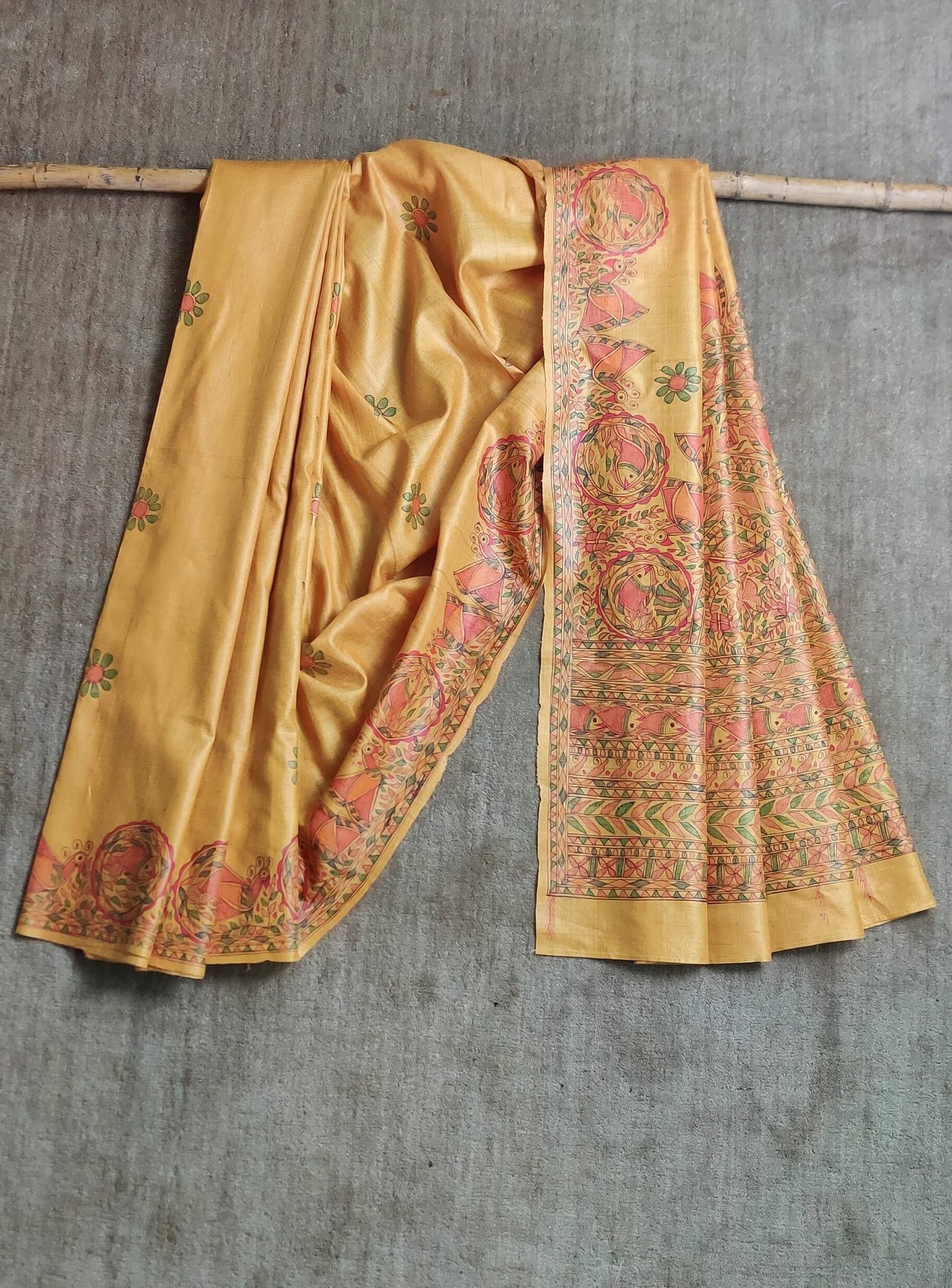 Handwoven-Wild Silk Yellow Saree with Hand Painted Madhubani-bihart