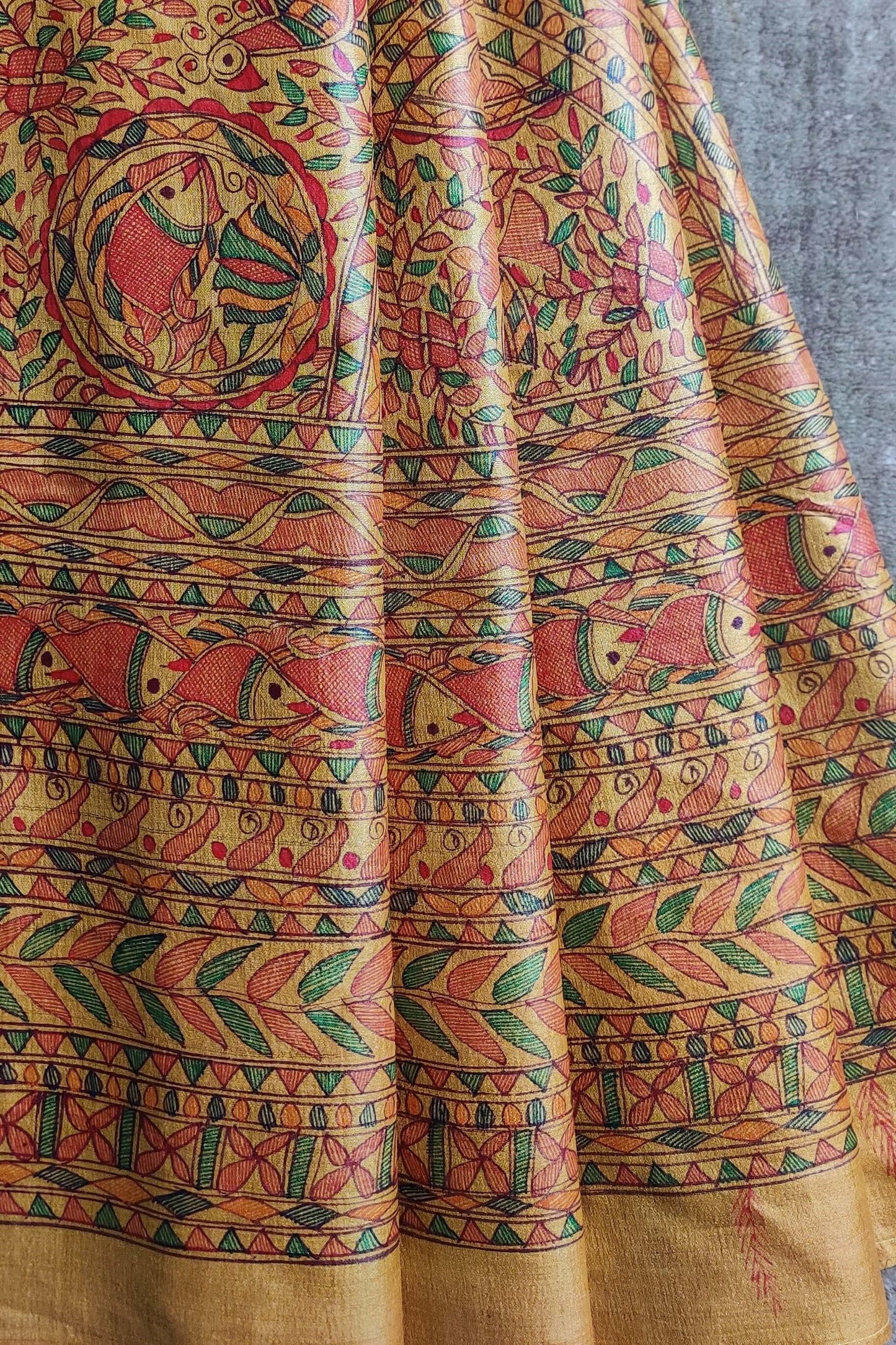 Handwoven-Wild Silk Yellow Saree with Hand Painted Madhubani-bihart