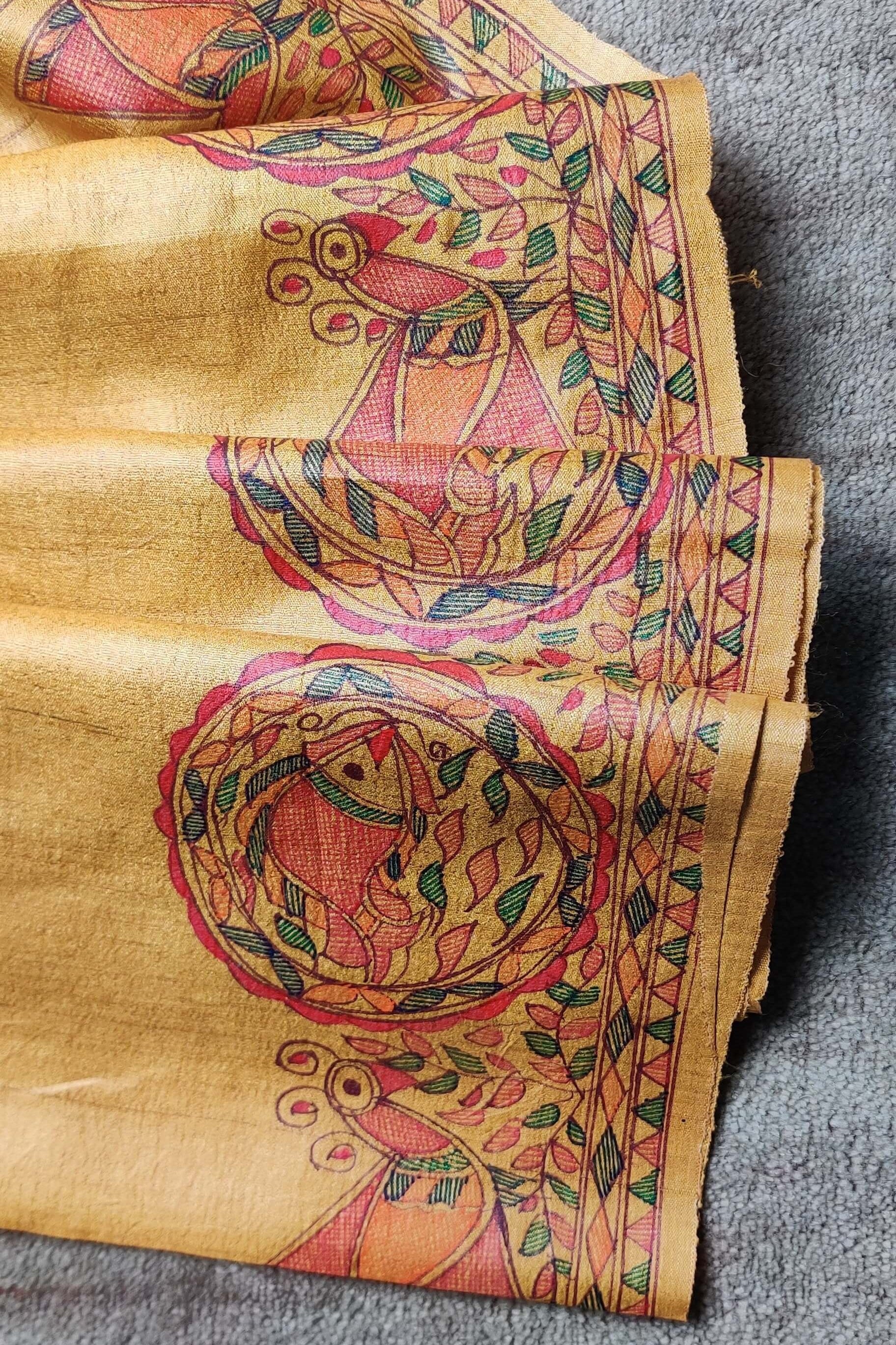 Handwoven-Wild Silk Yellow Saree with Hand Painted Madhubani-bihart