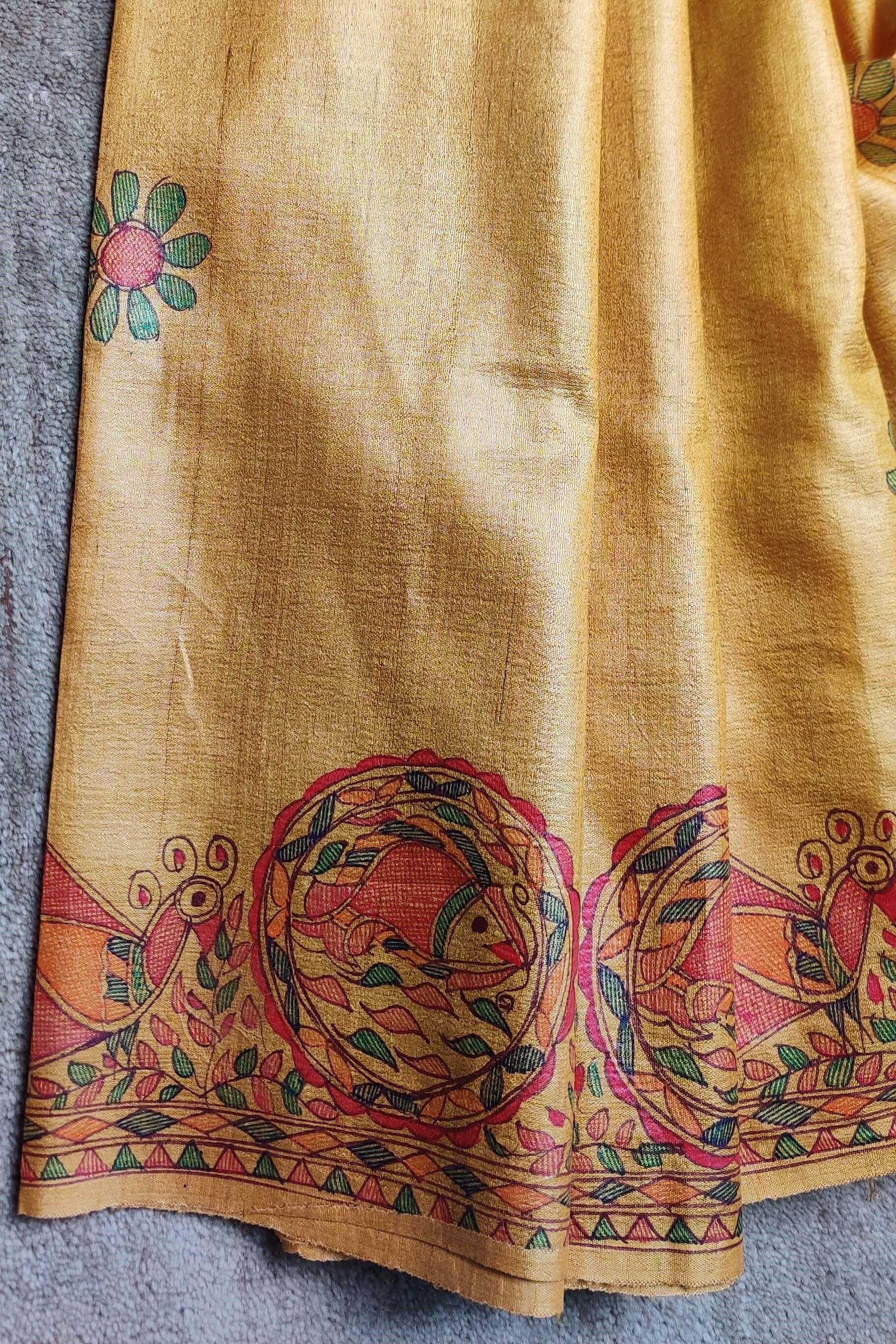 Handwoven-Wild Silk Yellow Saree with Hand Painted Madhubani-bihart