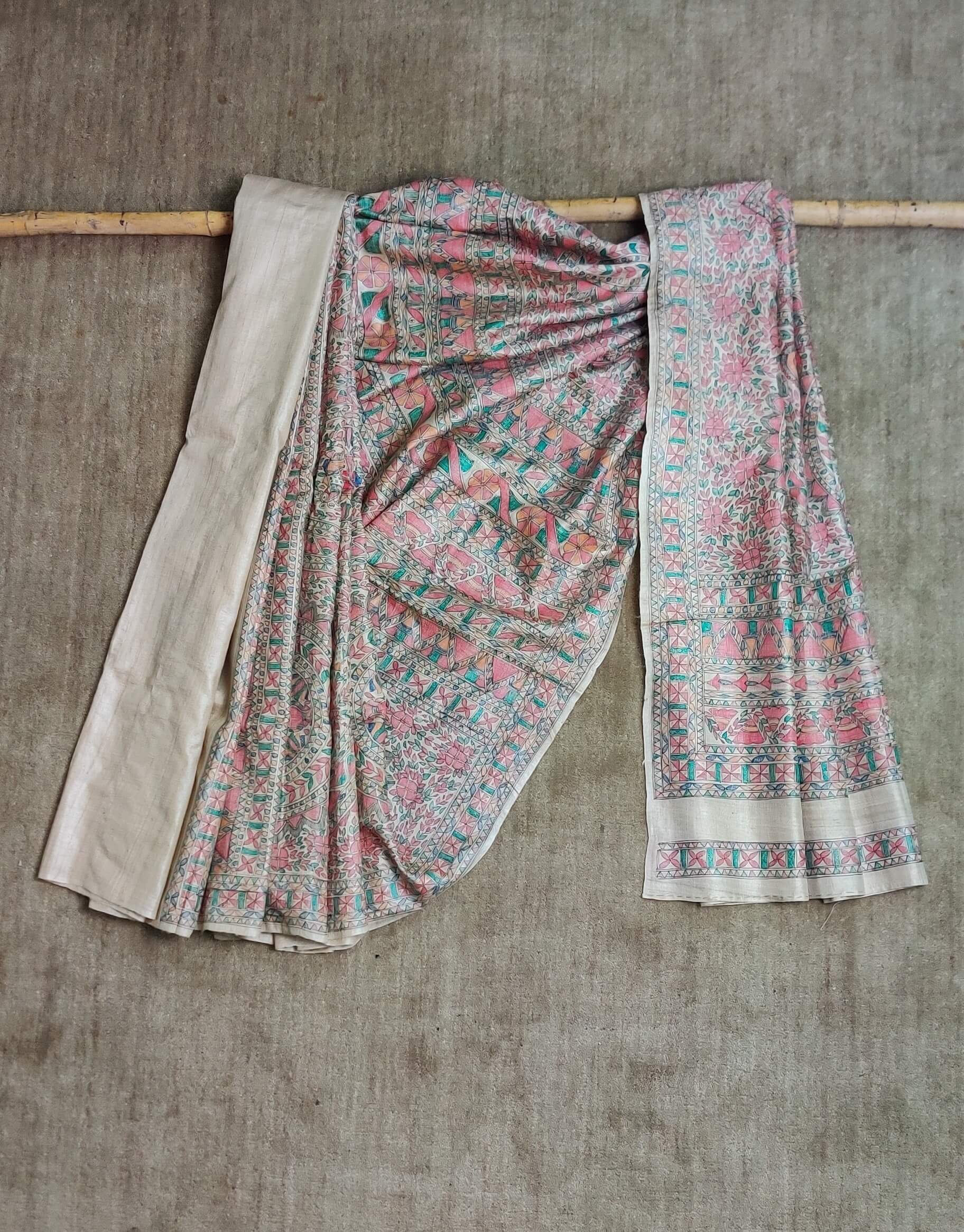 Handwoven-Wild silk Saree with Hand Painted Madhubani-bihart