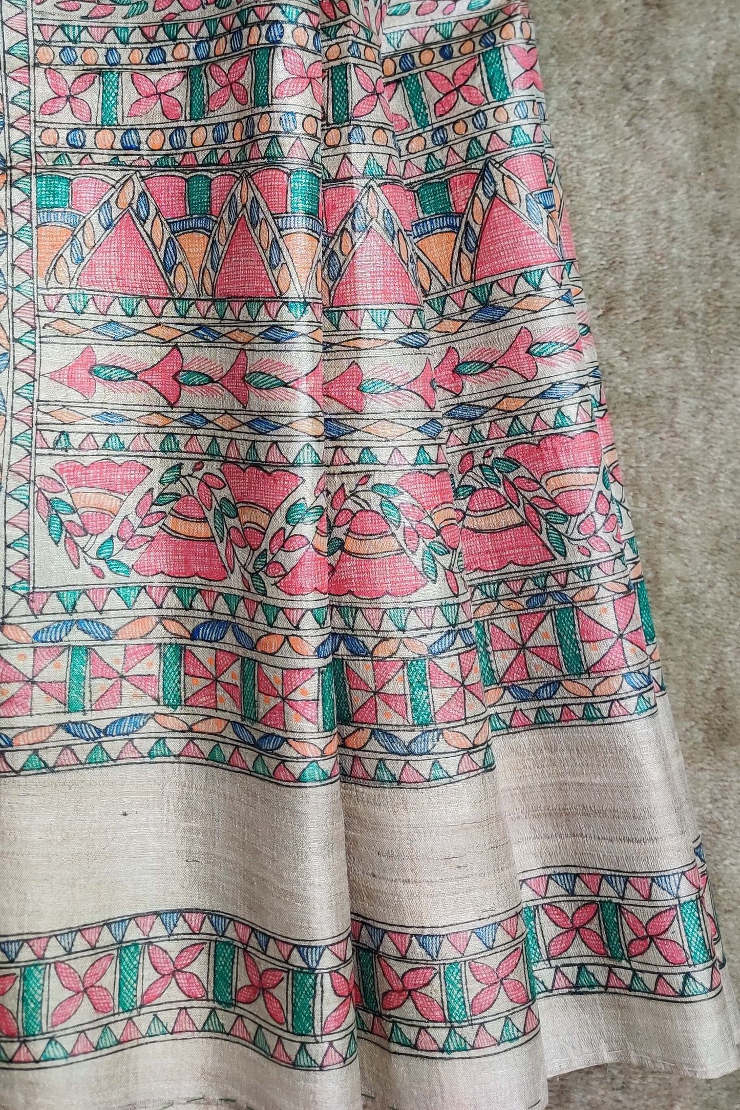 Handwoven-Wild silk Saree with Hand Painted Madhubani-bihart