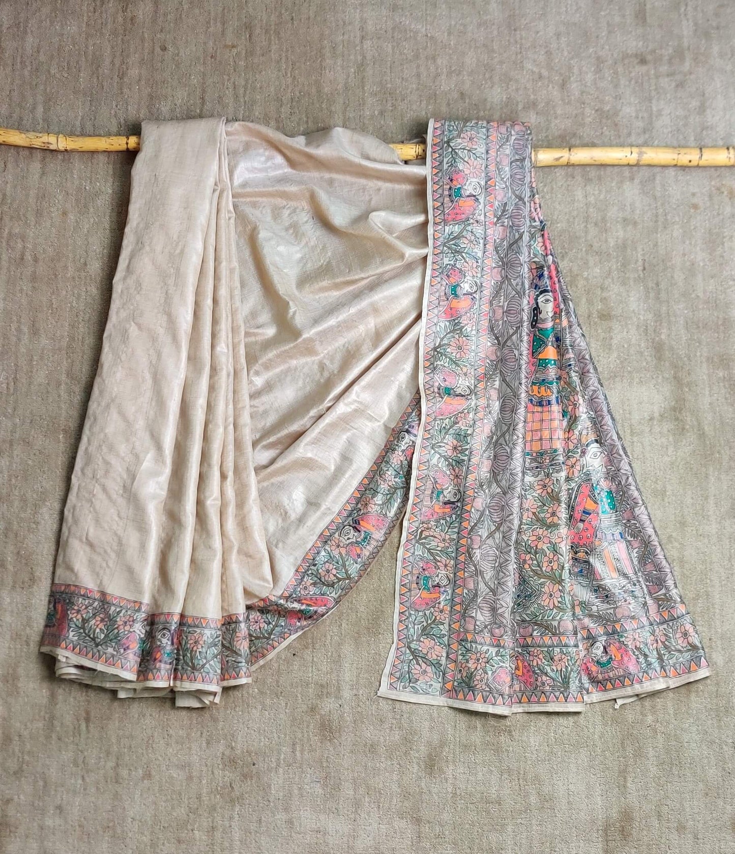 Handwoven-Wild silk Saree with Hand Painted Madhubani-bihart