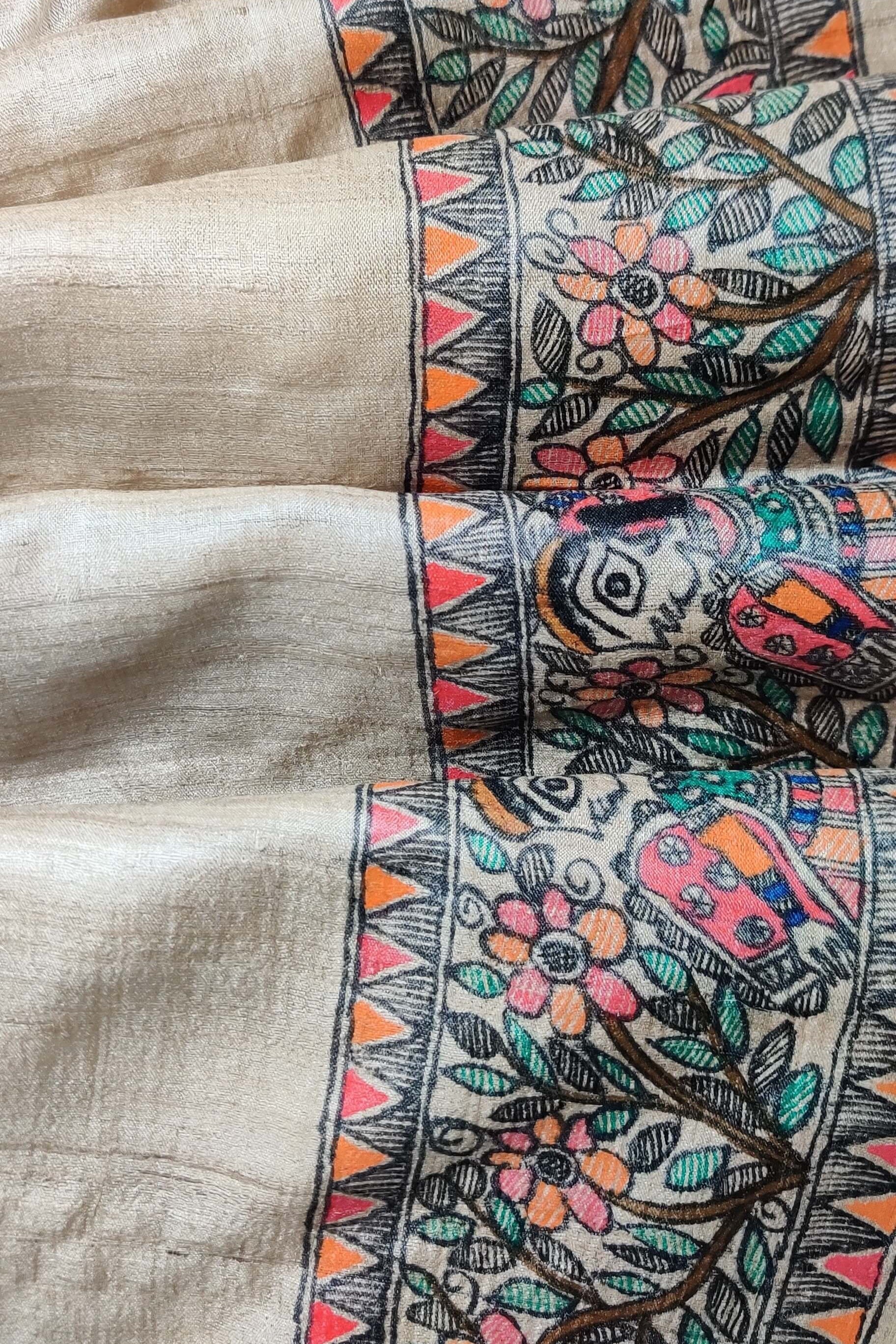 Handwoven-Wild silk Saree with Hand Painted Madhubani-bihart