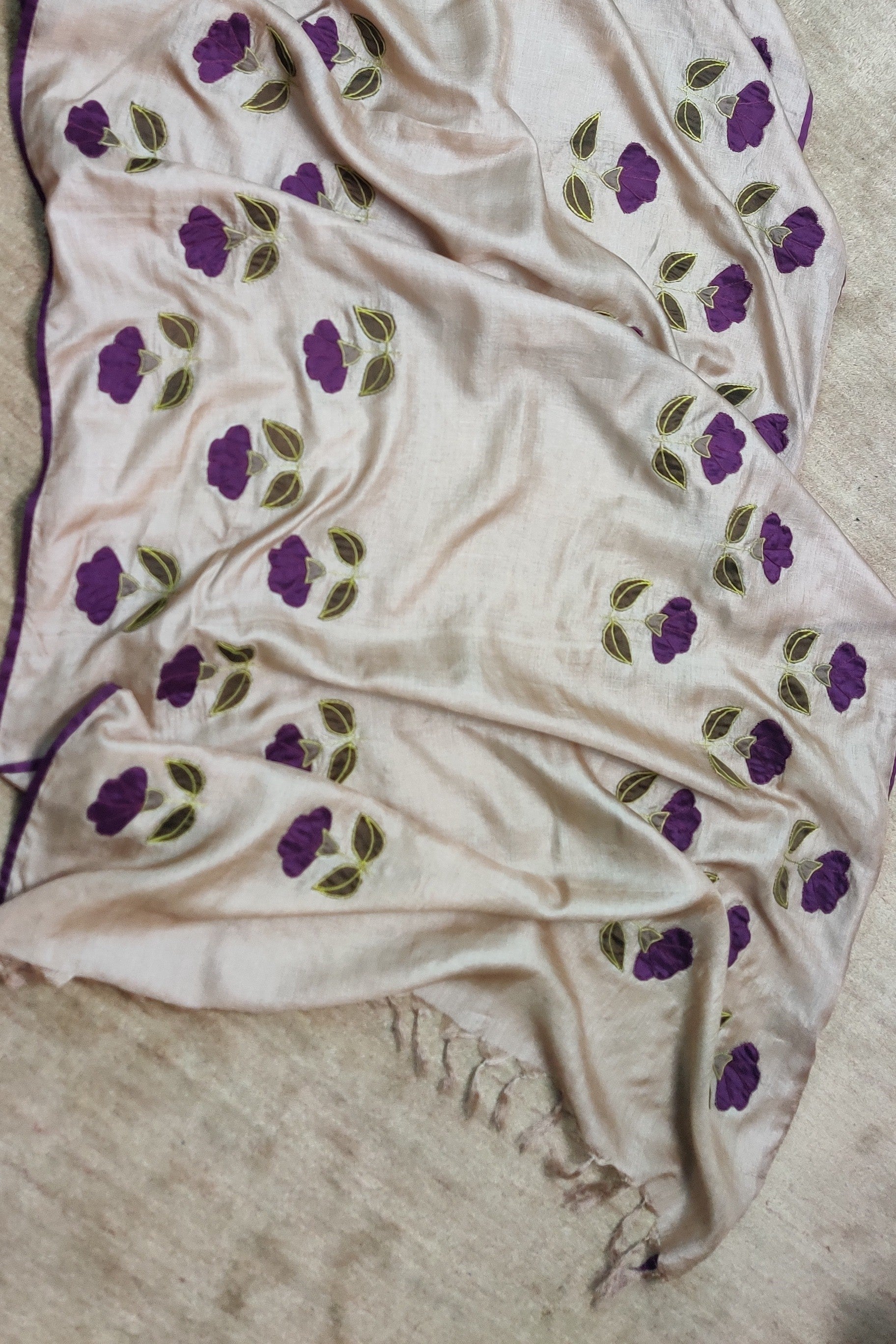 Tussar Silk Applique Beige Dupatta