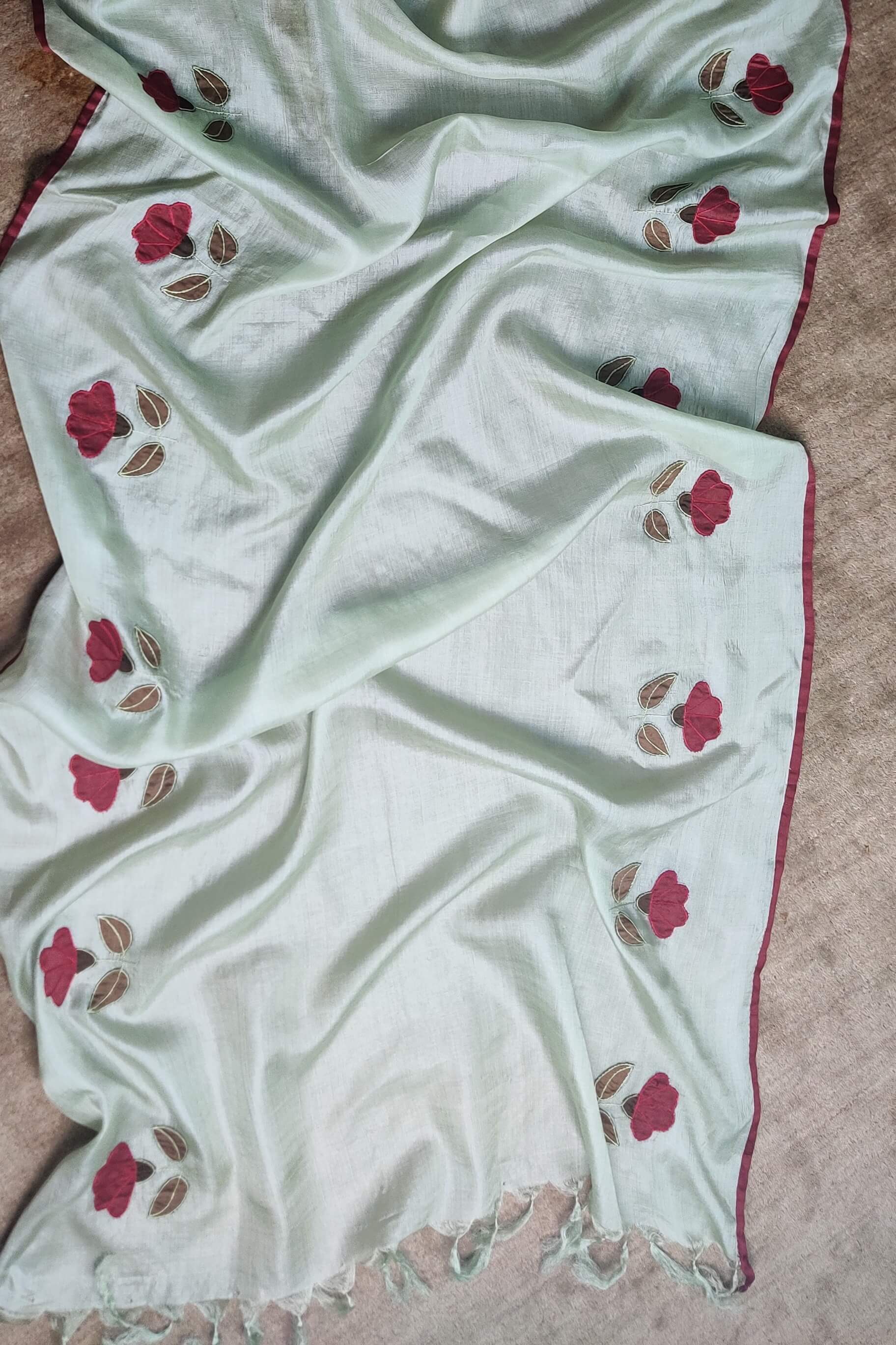 Tussar Silk Applique Mint Green Dupatta-bihart