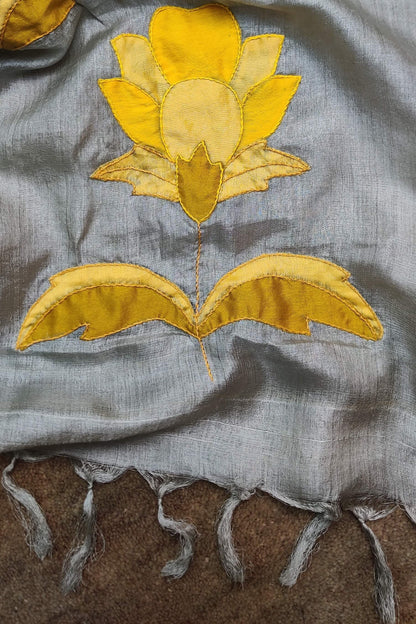 Tussar Silk Applique on Grey Dupatta-bihart