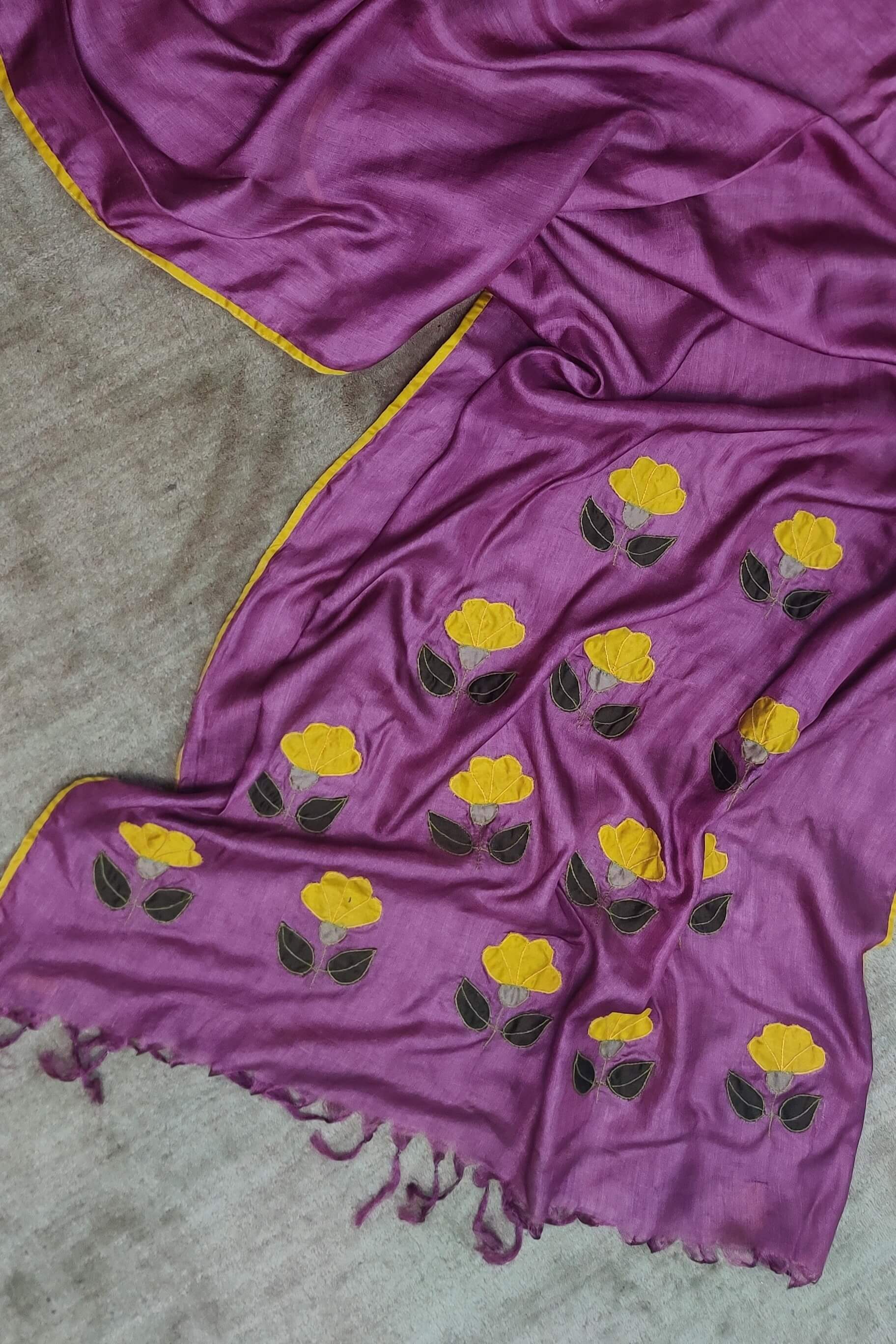 Tussar Silk Applique Dusty Plum Dupatta-bihart