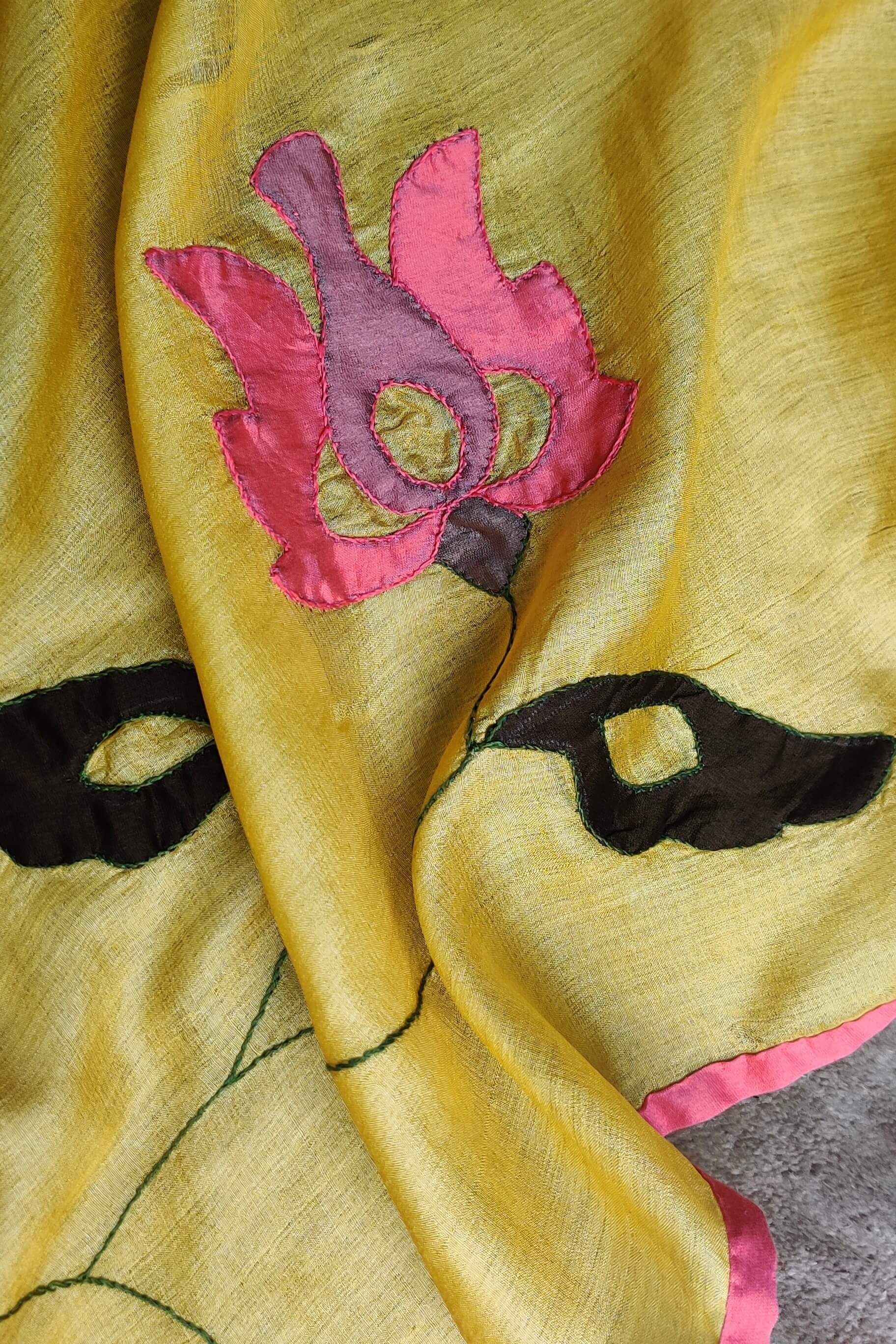 Tussar Silk Applique Yellow Dupatta-bihart