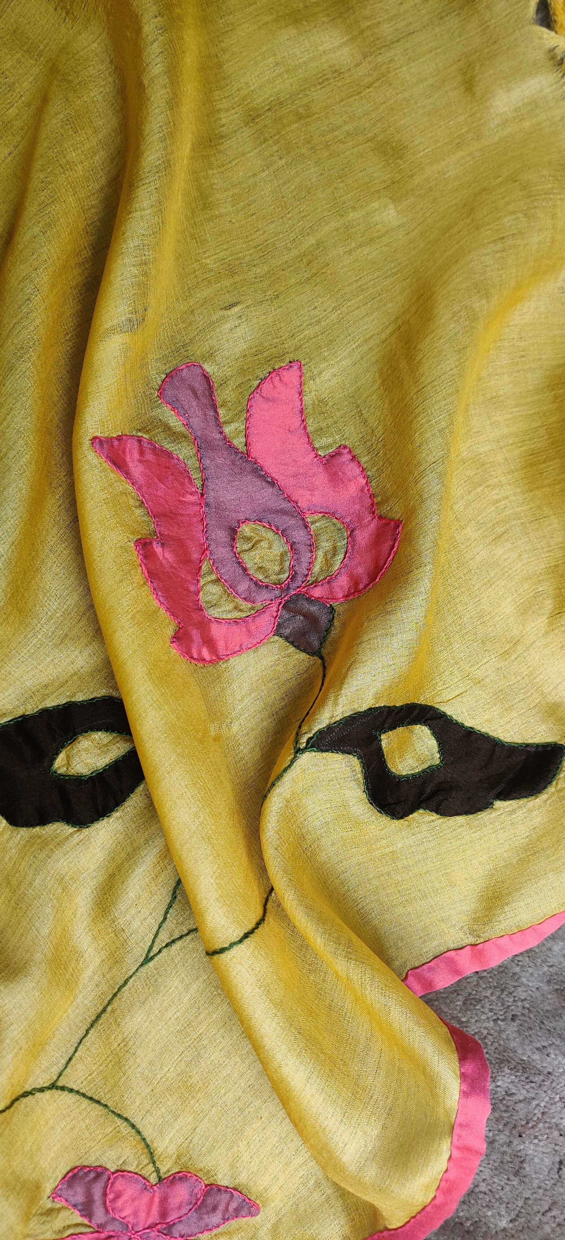 Tussar Silk Applique Yellow Dupatta
