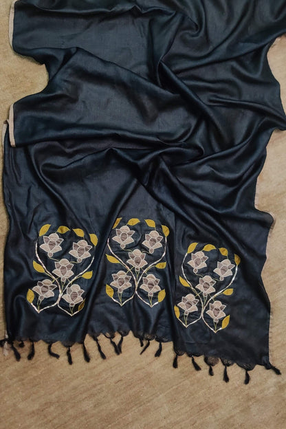 Wild Silk Applique Black Dupatta-bihart