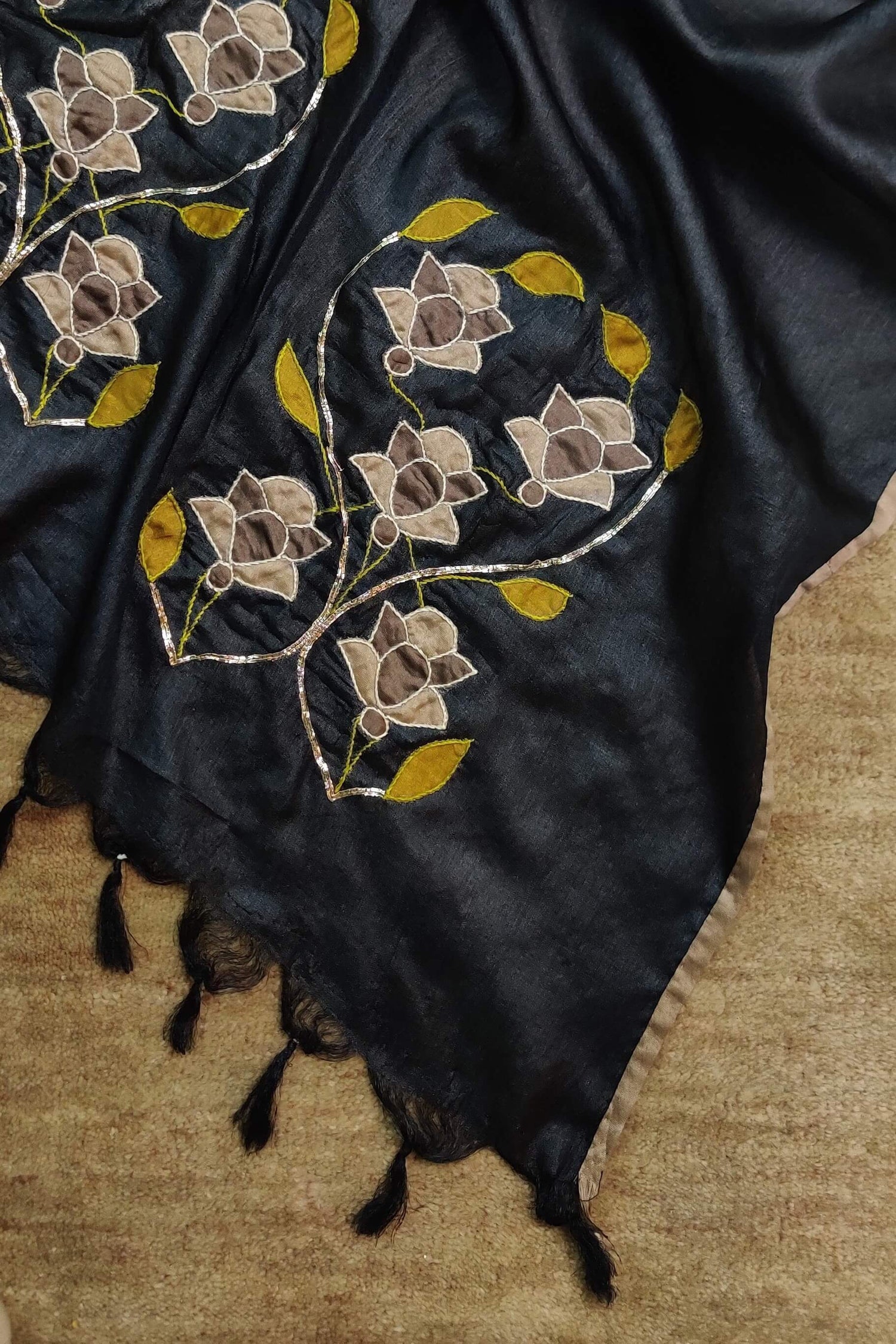 Wild Silk Applique Black Dupatta-bihart