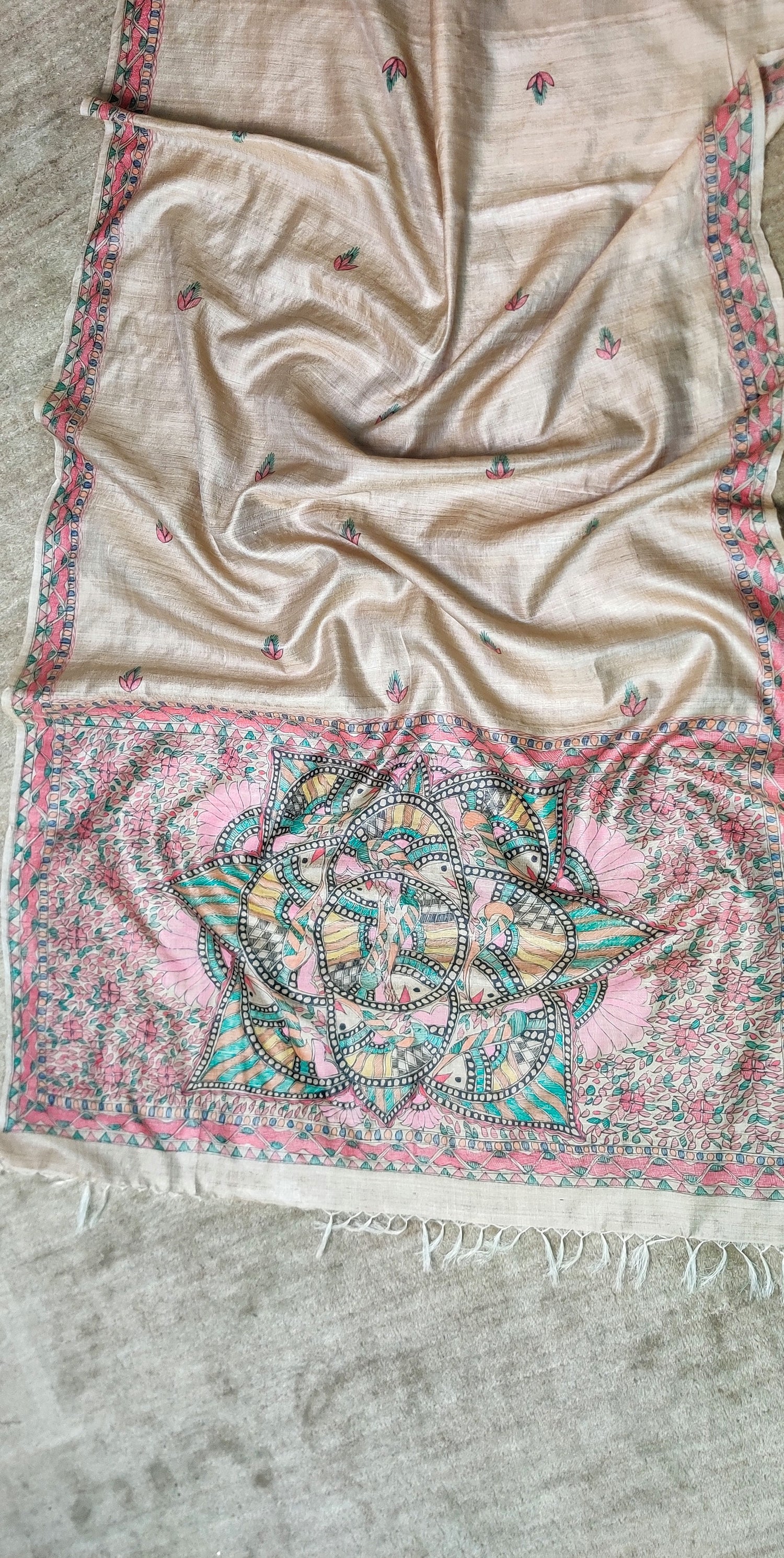 Beige-Desi Wild Silk Dupatta Hand Painted in Traditional Madhubani.-bihart