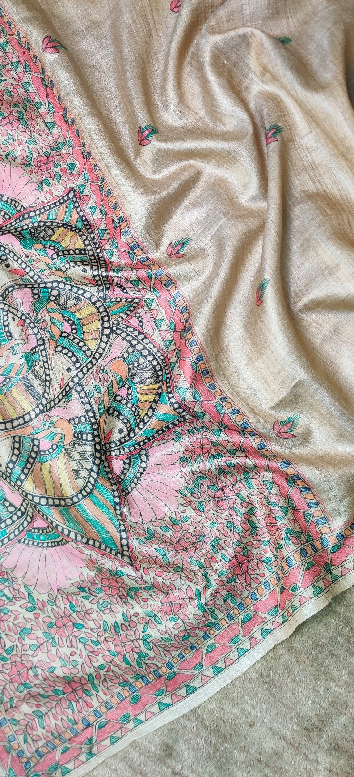 Beige-Desi Wild Silk Dupatta Hand Painted in Traditional Madhubani.-bihart