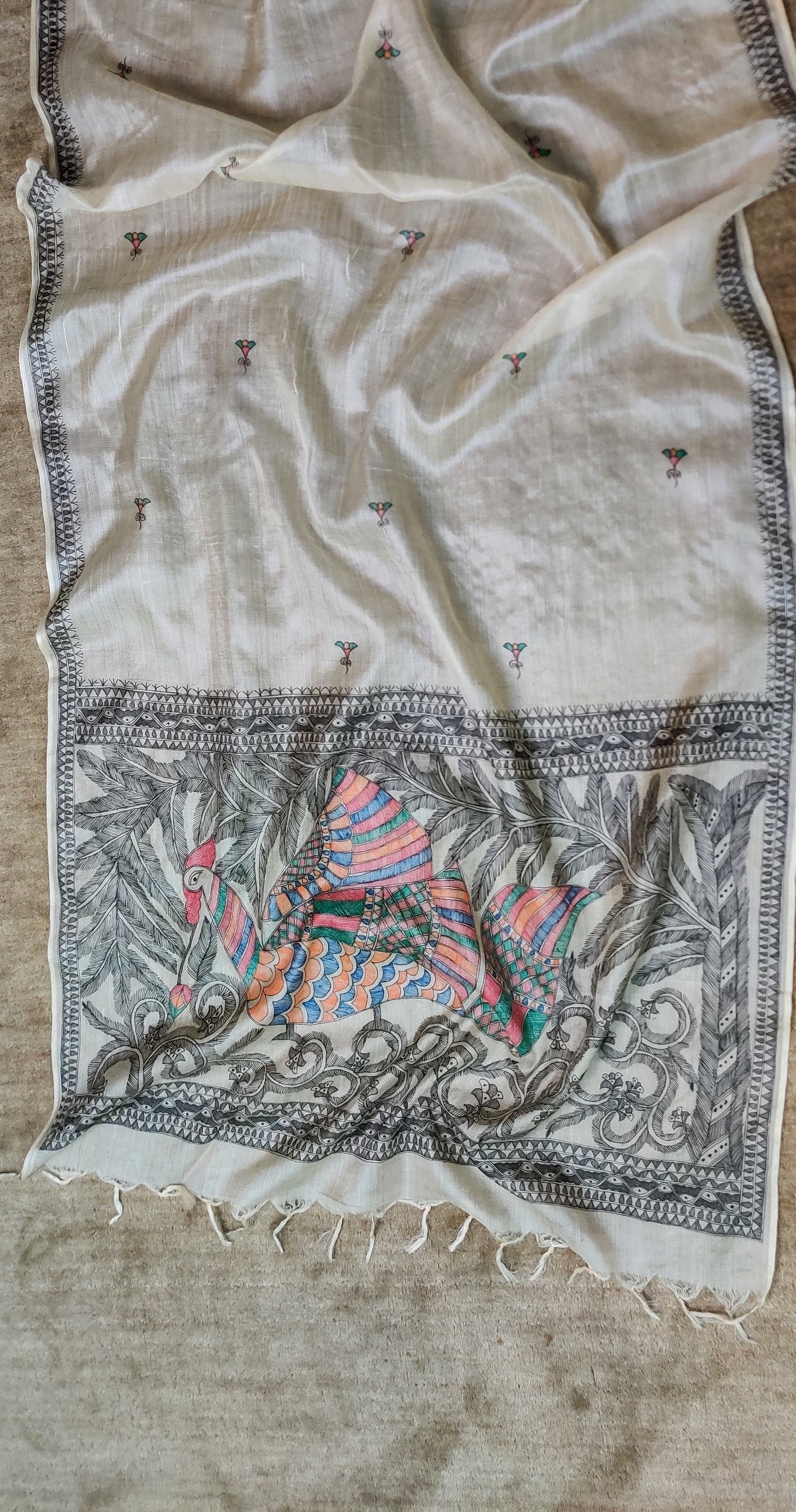 Beige Desi Wild Silk Dupatta Hand Painted in Traditional Madhubani-bihart