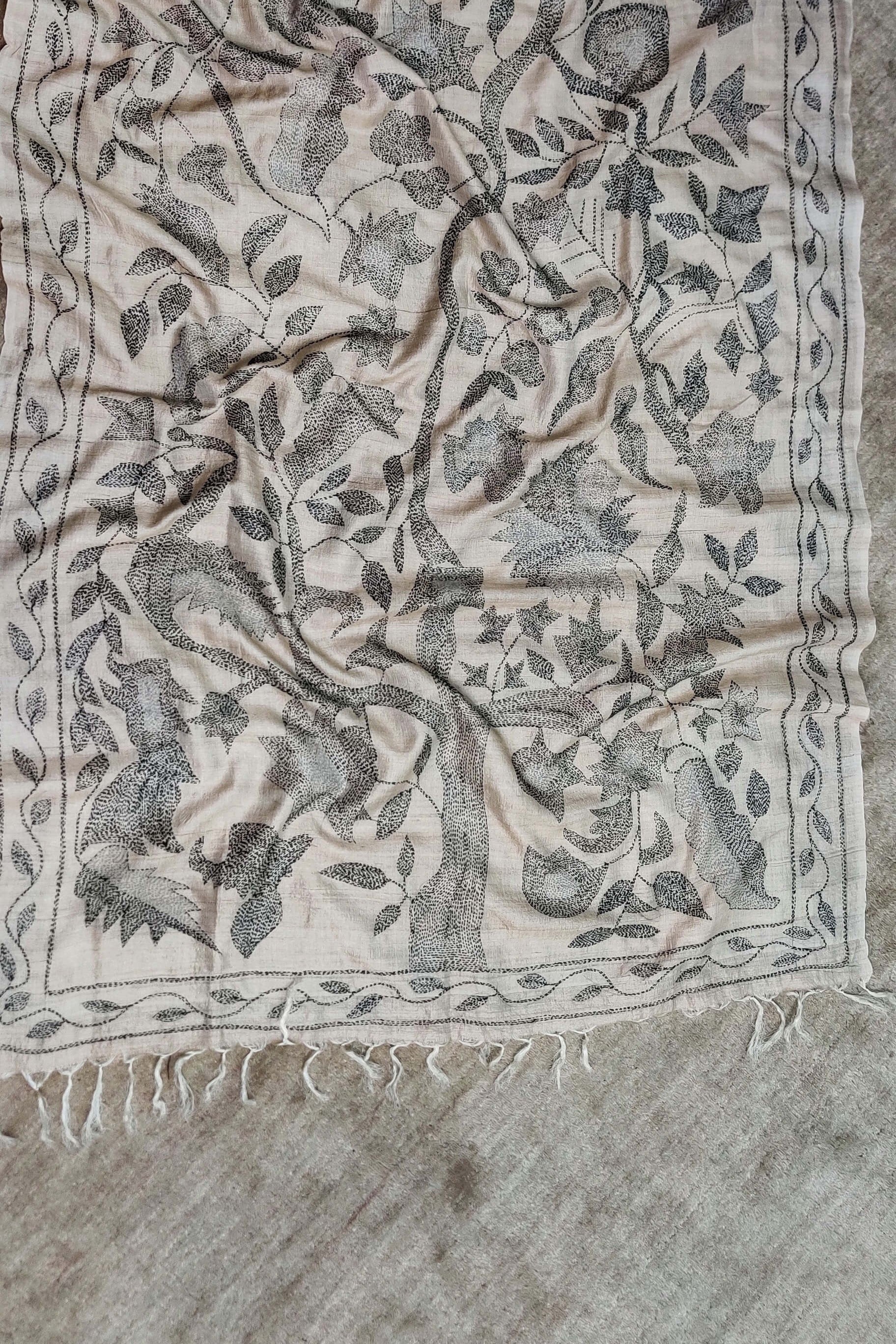 Beige-Silk Dupatta Hand Embroidered in Sujani-bihart