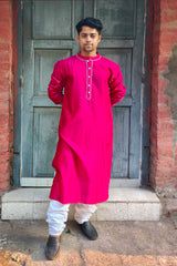 Men's Cot-Silk Chanderi Pink Embroidered Kurta