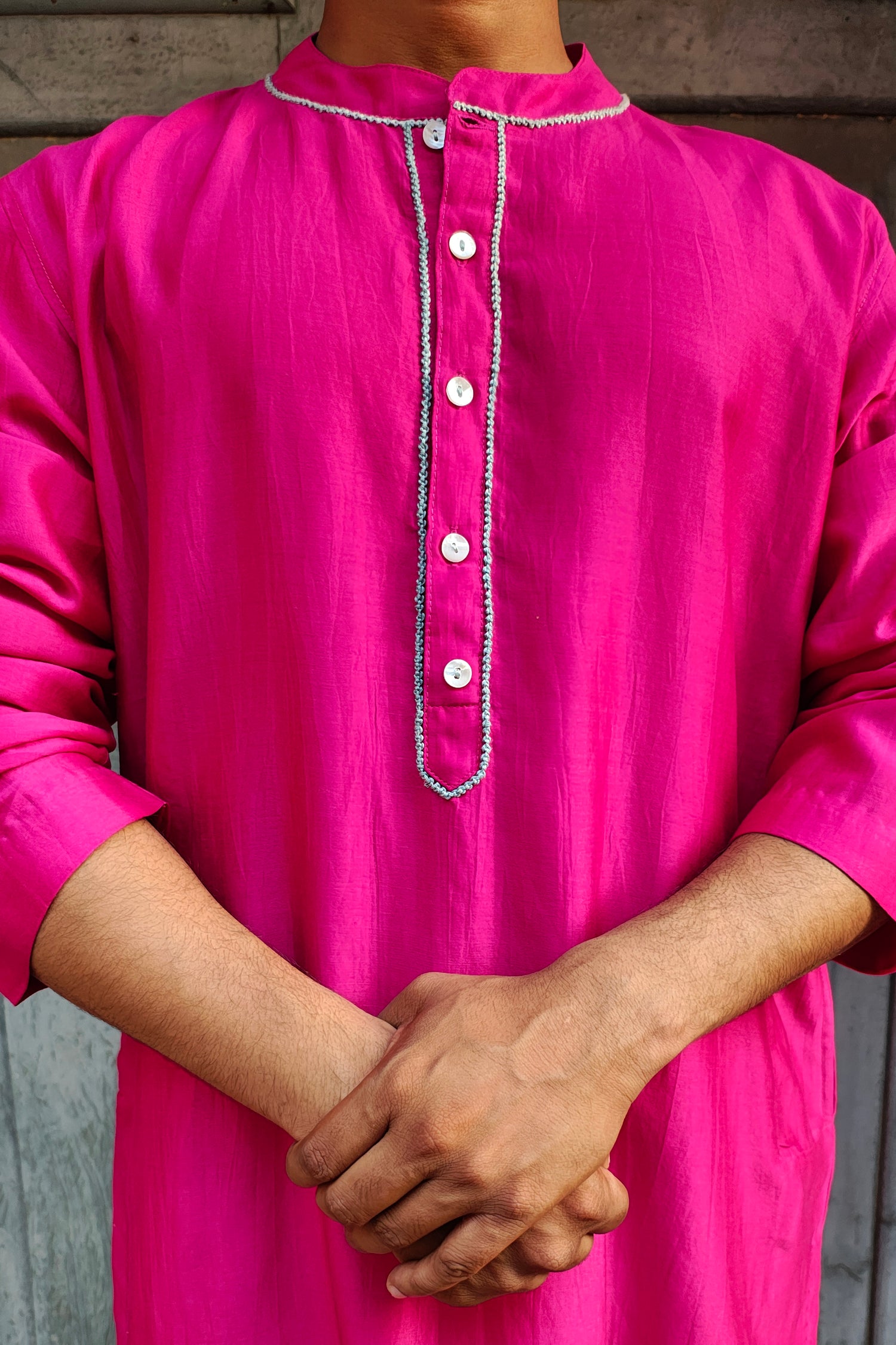 Men's-Chanderi Pink Embroidered Kurta-bihart