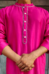 Men's Cot-Silk Chanderi Pink Embroidered Kurta