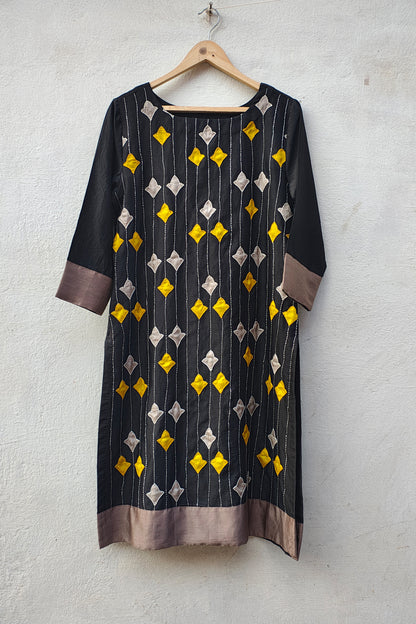 Applique-& Sujani Charcoal Grey Chanderi Kurti For Women-bihart