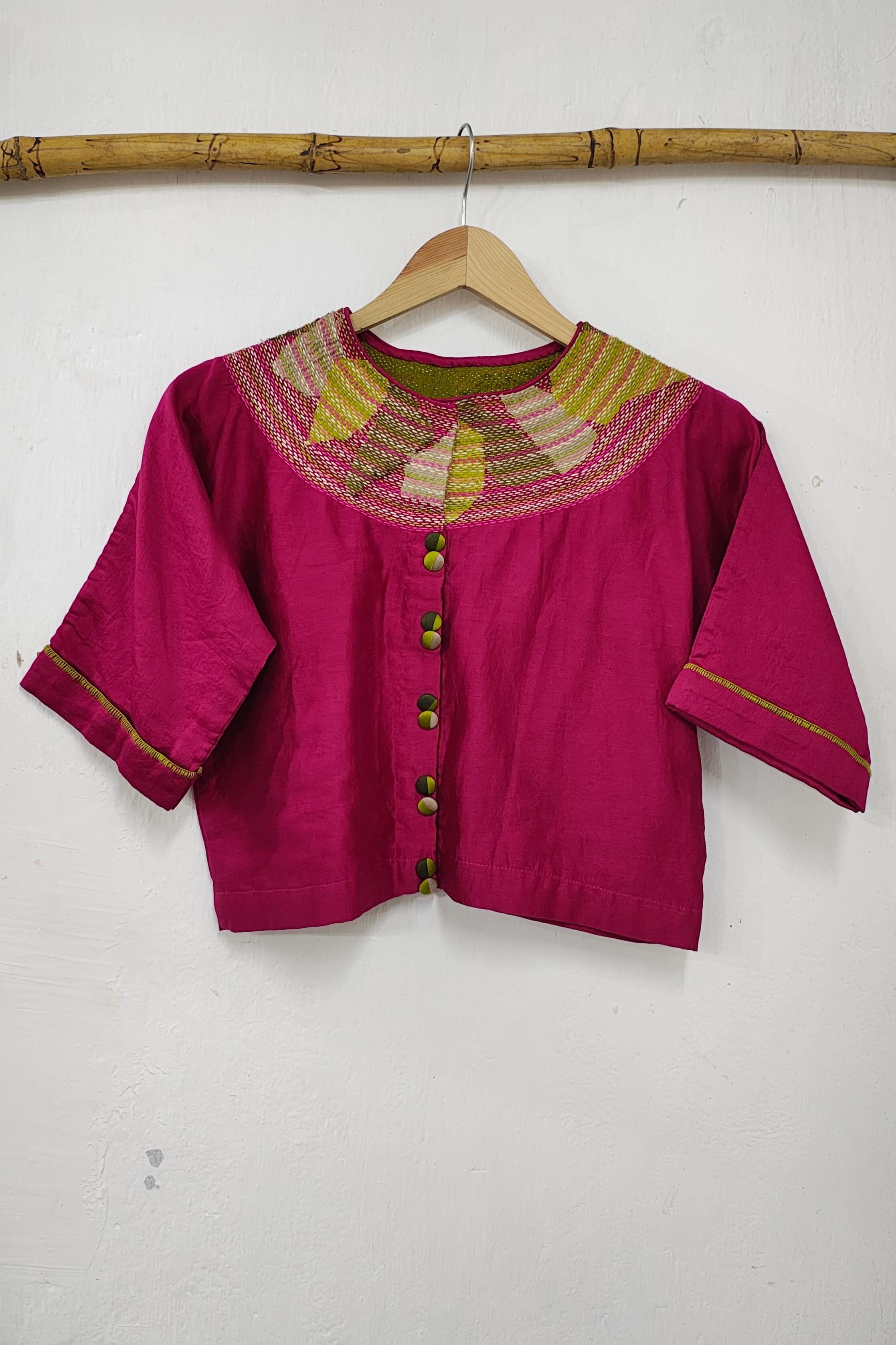 Chanderi Rani Pink Crop Top with Sujani Work on Neck line.