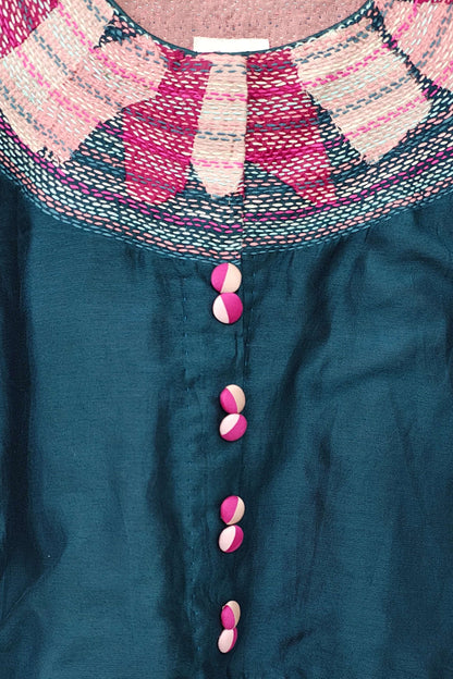 Chanderi Teal Crop Top with Sujani Embroidery on Neckline.