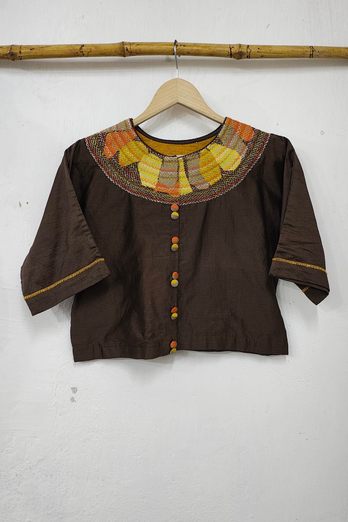 Chanderi Deep Brown Crop Top With Sujani Work on Neckline.