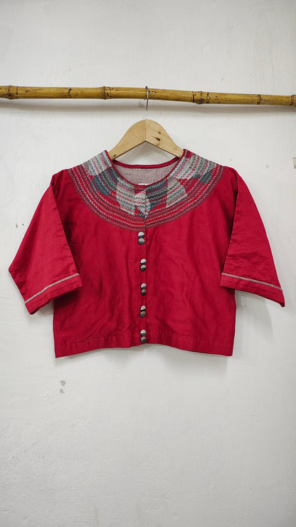 Chanderi Cherry Red Crop Top with Sujani Embroidery on Neckline.