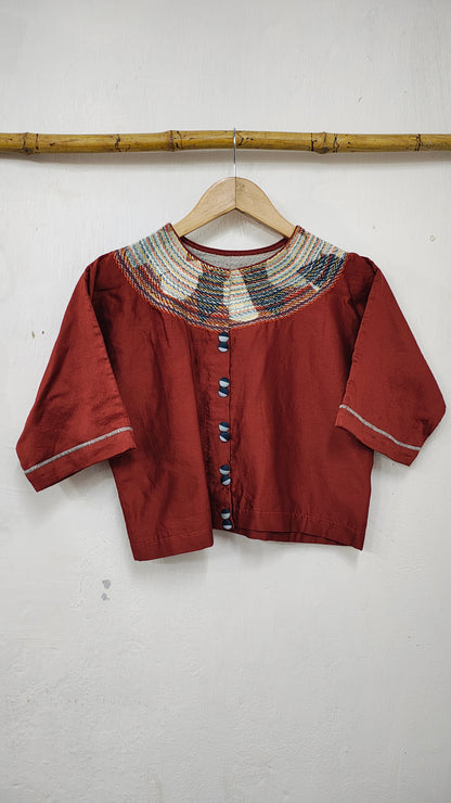 Chanderi Rust Crop Top With Sujani Work on Neck line.