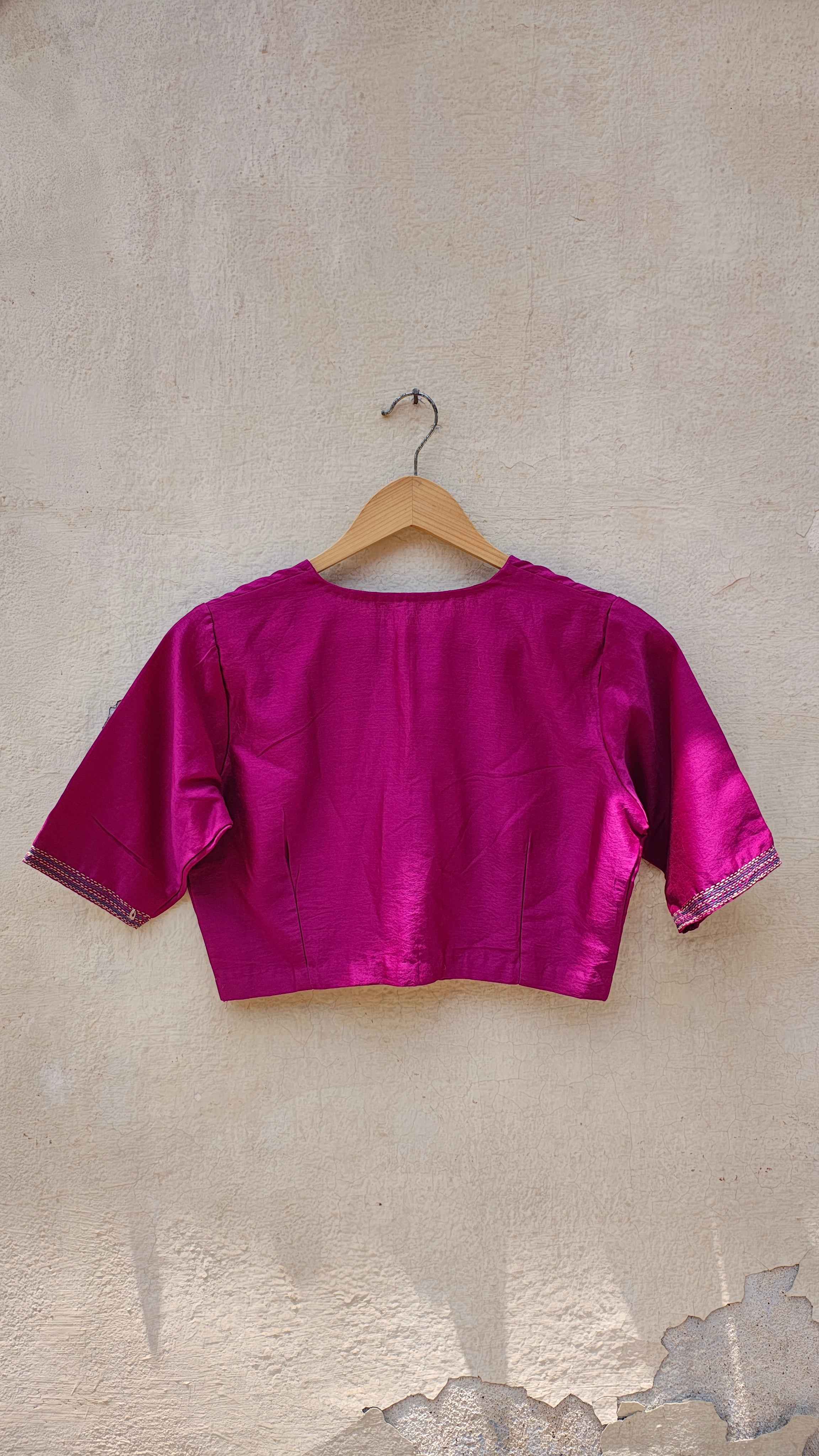 Magenta Front Slit Neckline Sujani Embroidered  Chanderi Blouse