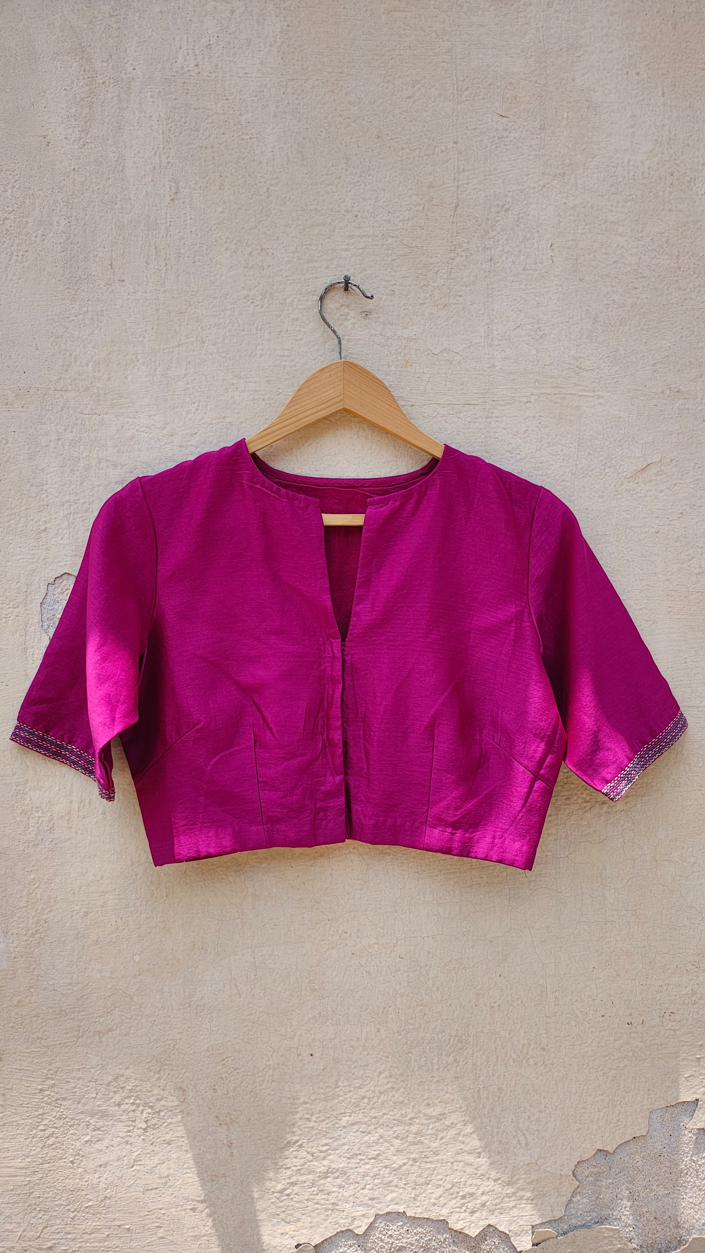 Magenta Front Slit Neckline Sujani Embroidered  Chanderi Blouse