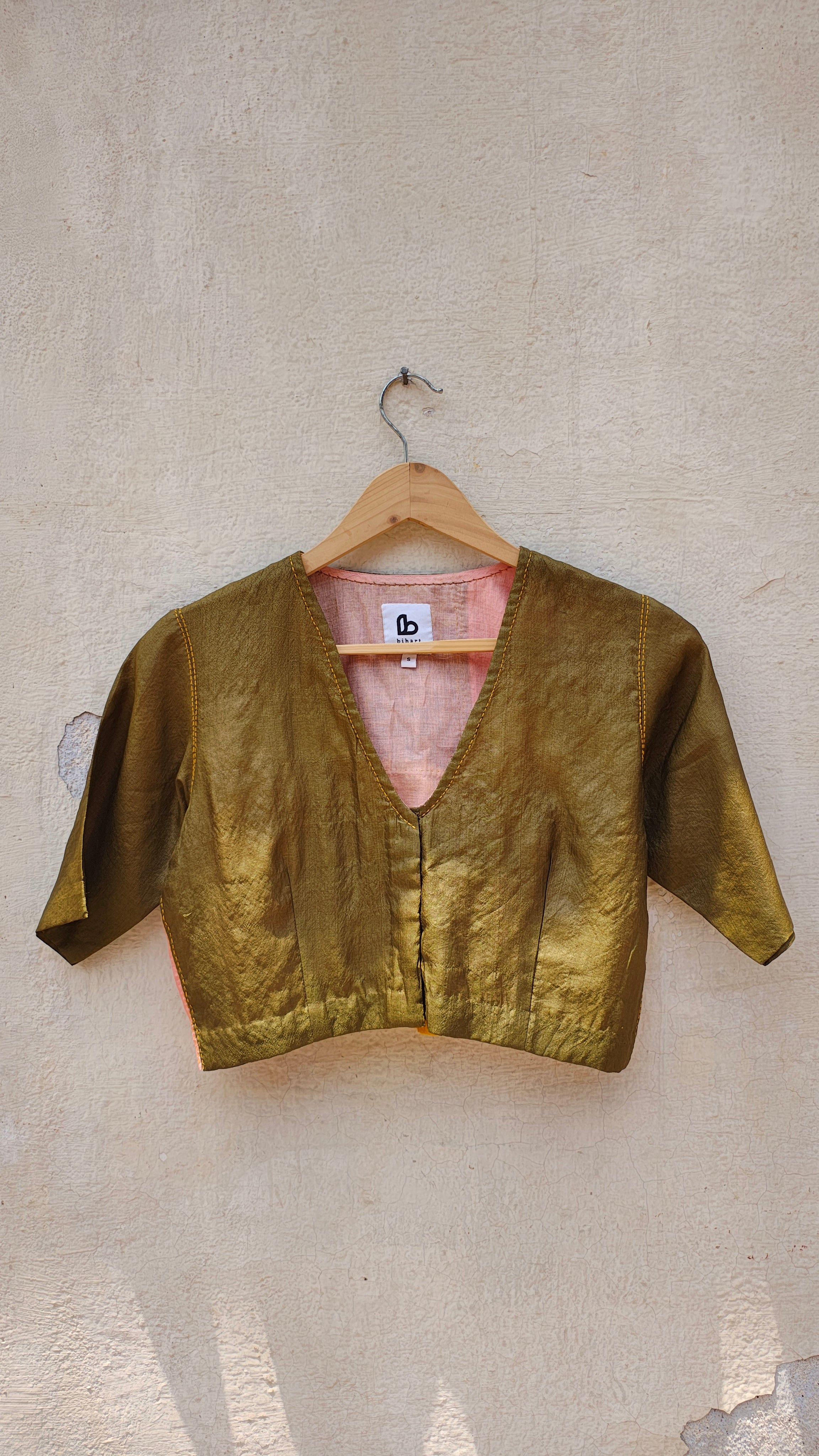 Handcrafted Olive Tussar Silk Blouse with Sujani Embroidery
