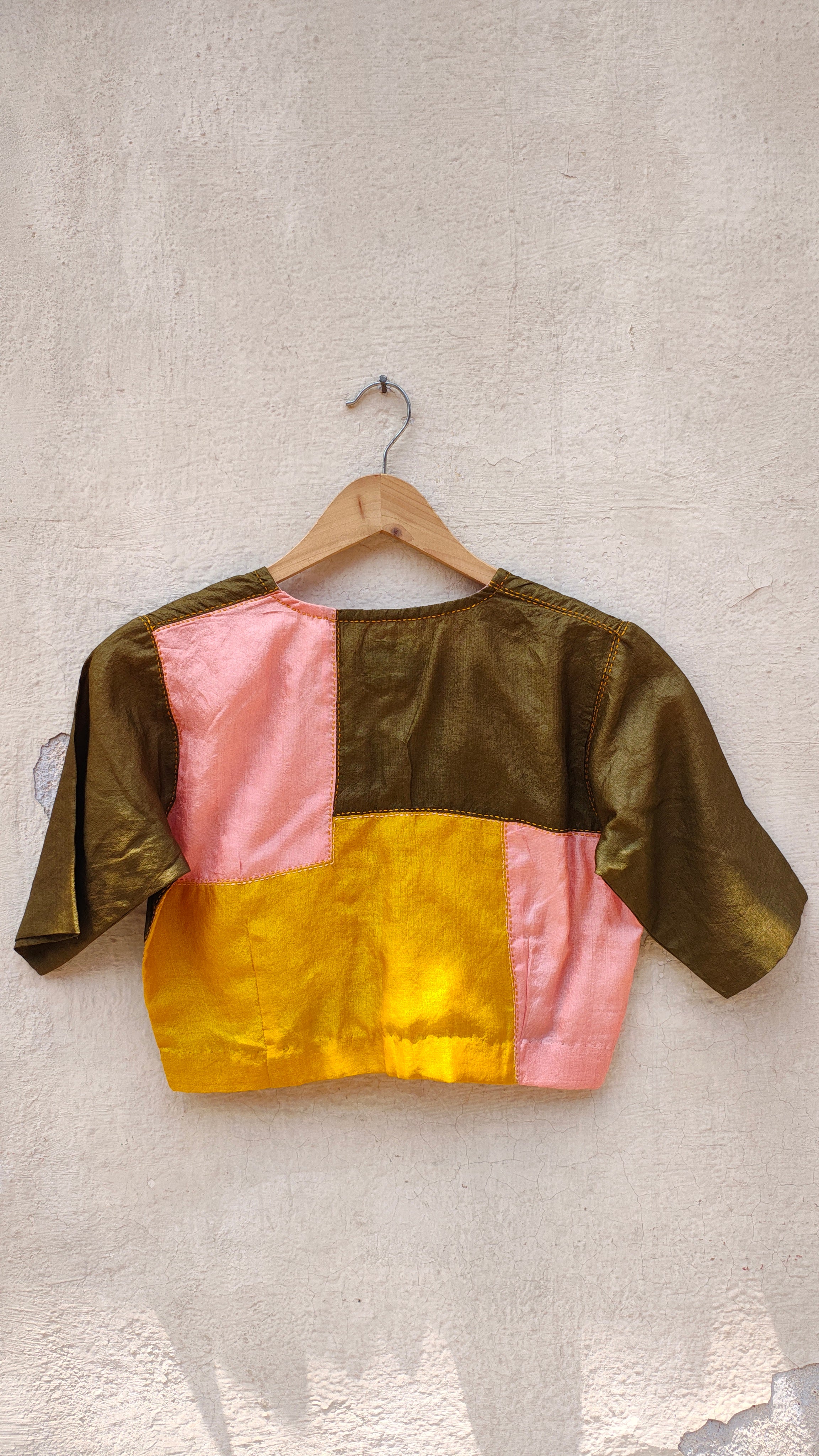 Handcrafted Olive Tussar Silk Blouse with Sujani Embroidery