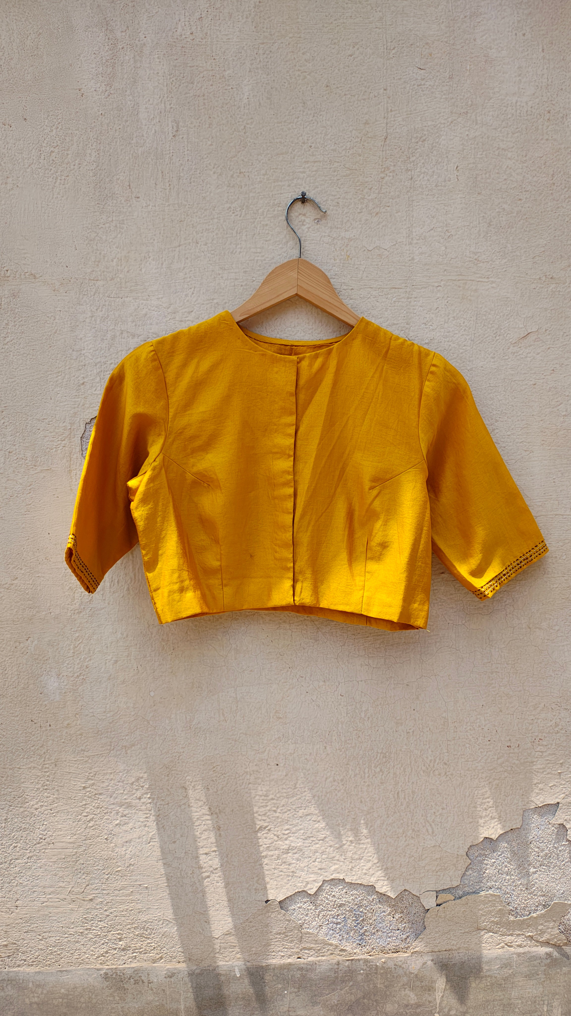 Mustard Yellow Chanderi Blouse with Sujani Work and Elbow Sleeves