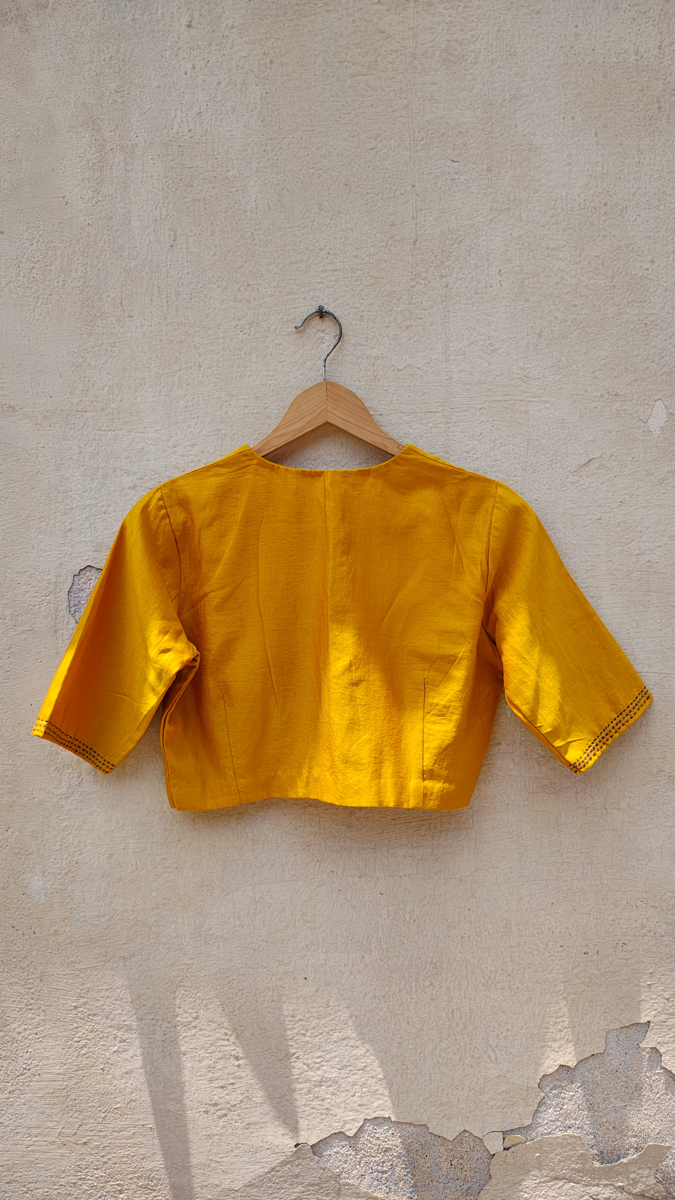 Mustard Yellow Chanderi Blouse with Sujani Work and Elbow Sleeves