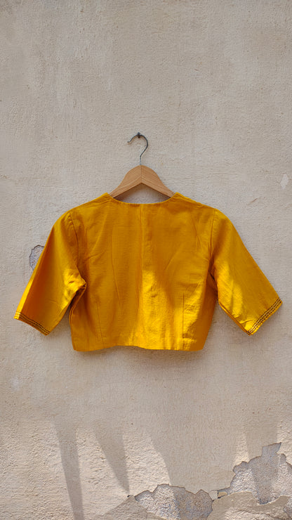 Mustard Yellow Chanderi Blouse with Sujani Work and Elbow Sleeves