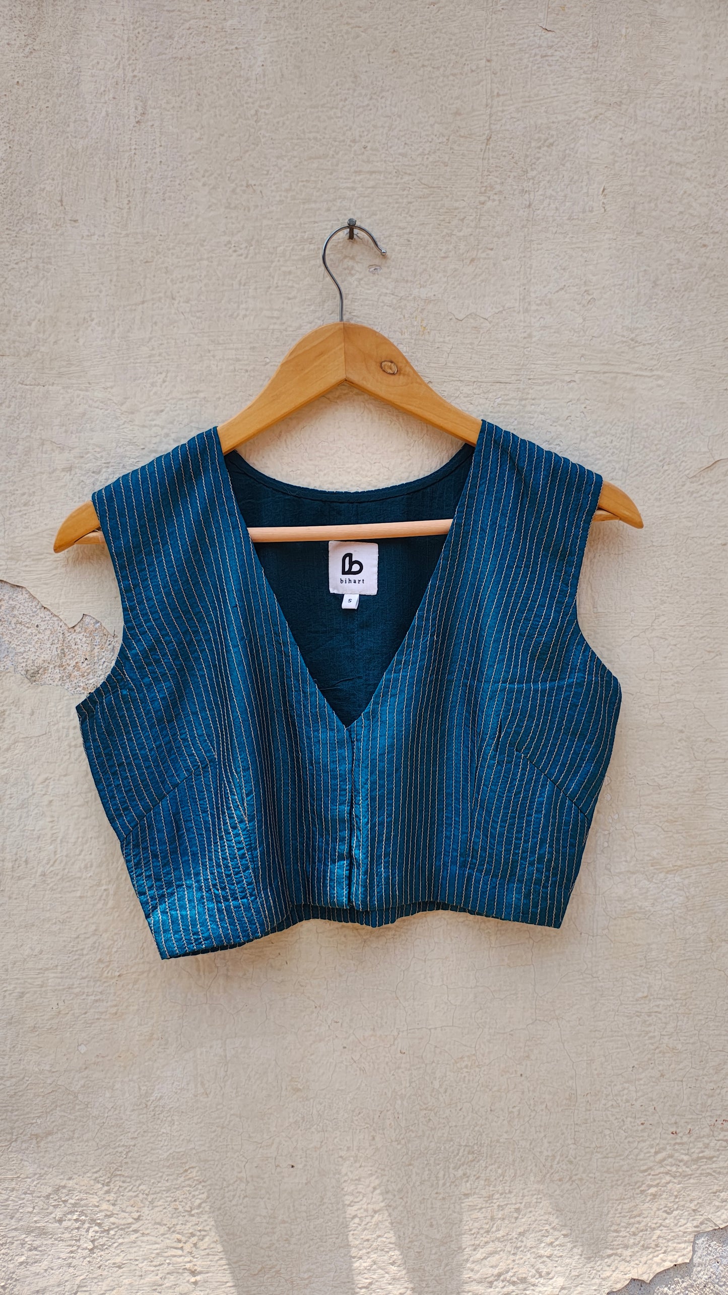 Handcrafted Teal Tussar Silk Sleeveless Quilted Blouse