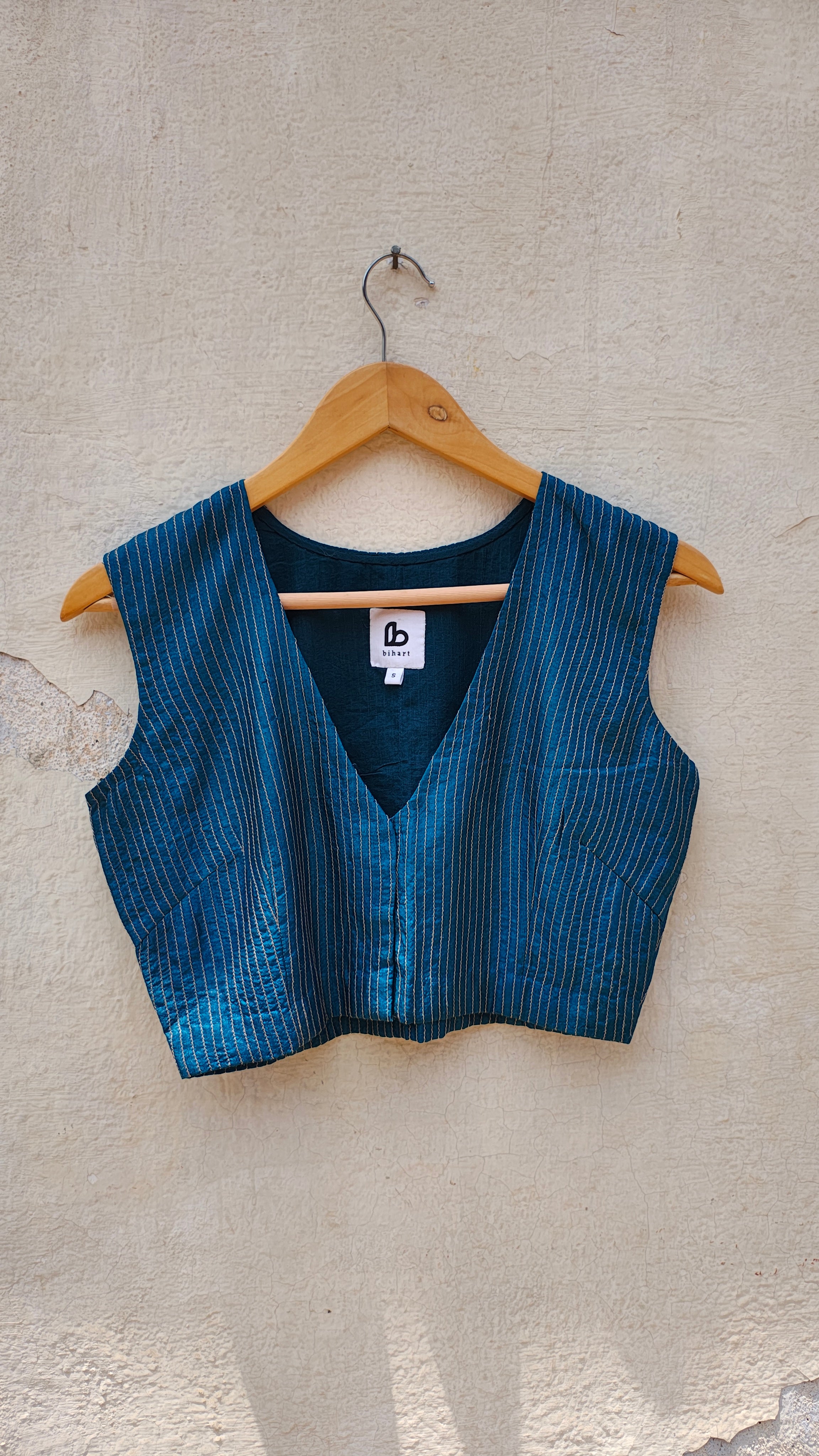 Handcrafted Teal Tussar Silk Sleeveless Quilted Blouse