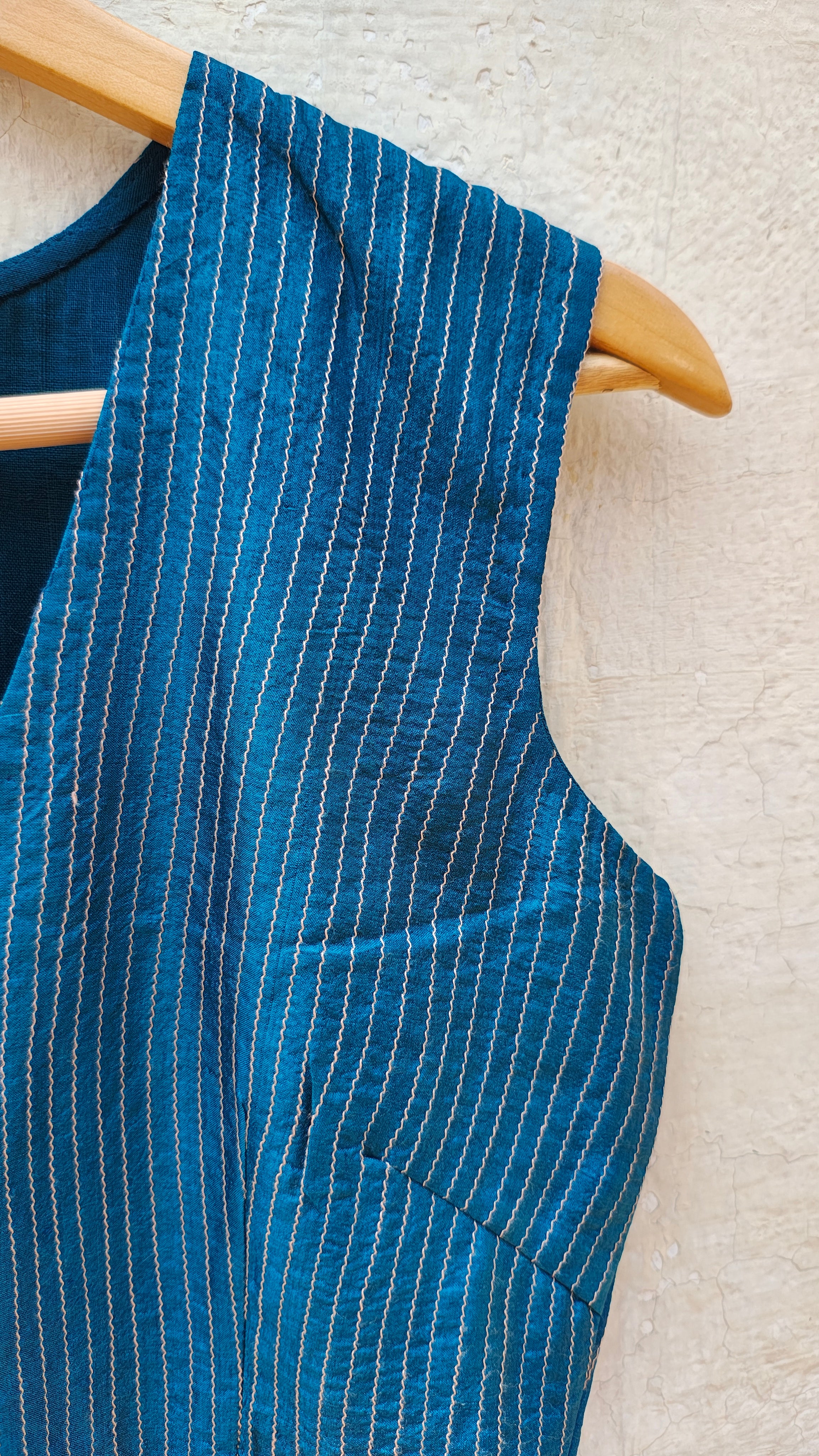 Handcrafted Teal Tussar Silk Sleeveless Quilted Blouse